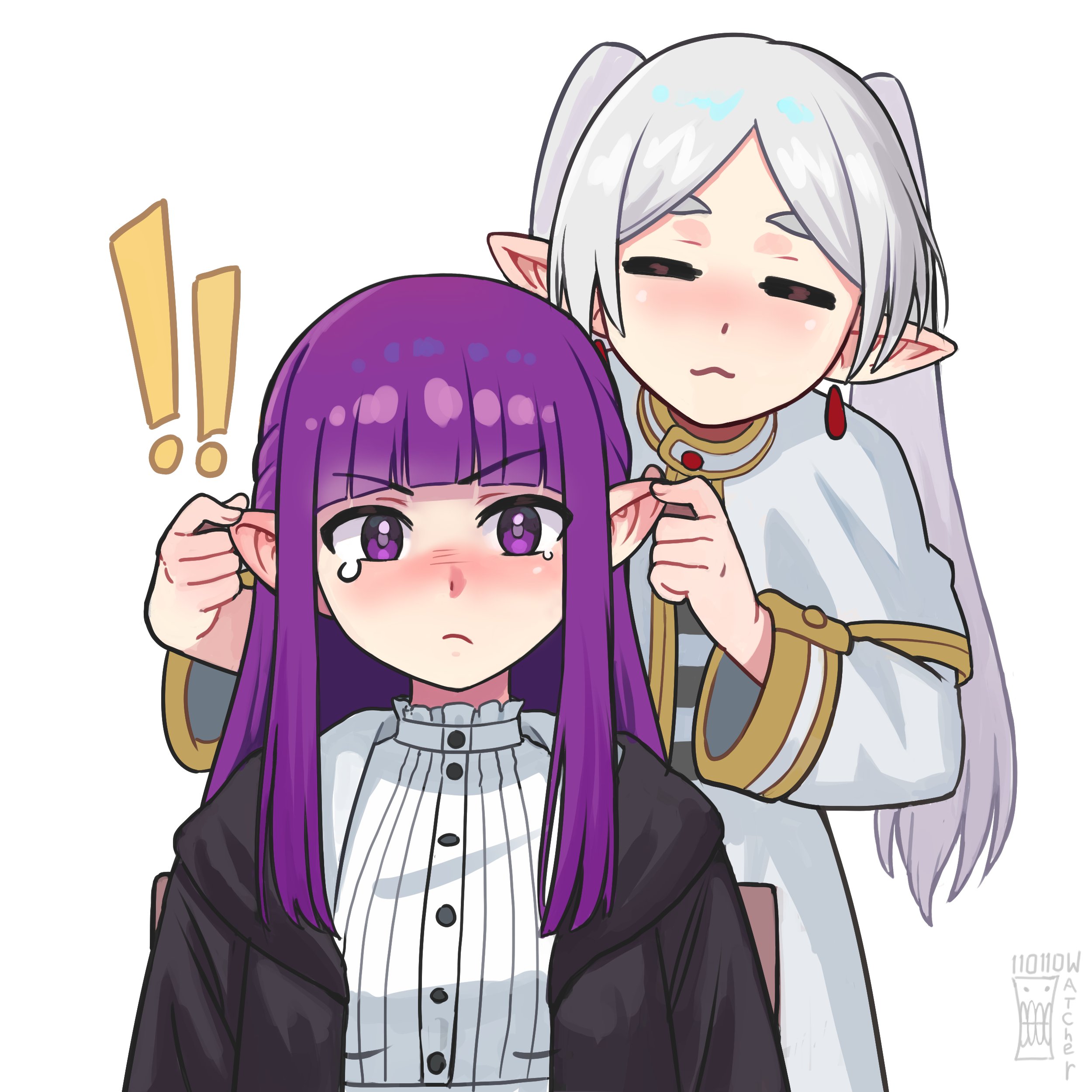 watcher hollow, fern (sousou no frieren), frieren, sousou no frieren, absurdres, commentary, english commentary, highres, !, !!, 2girls, artist name, blunt bangs, blush, closed eyes, closed mouth, earrings, gold trim, grabbing another's ear, grey hair, hand on another's ear, jewelry, long hair, long sleeves, looking at viewer, multiple girls, parted bangs, pointy ears, purple hair, sidelocks, simple background, smile, thick eyebrows, twintails, upper body, v-shaped eyebrows, white background
