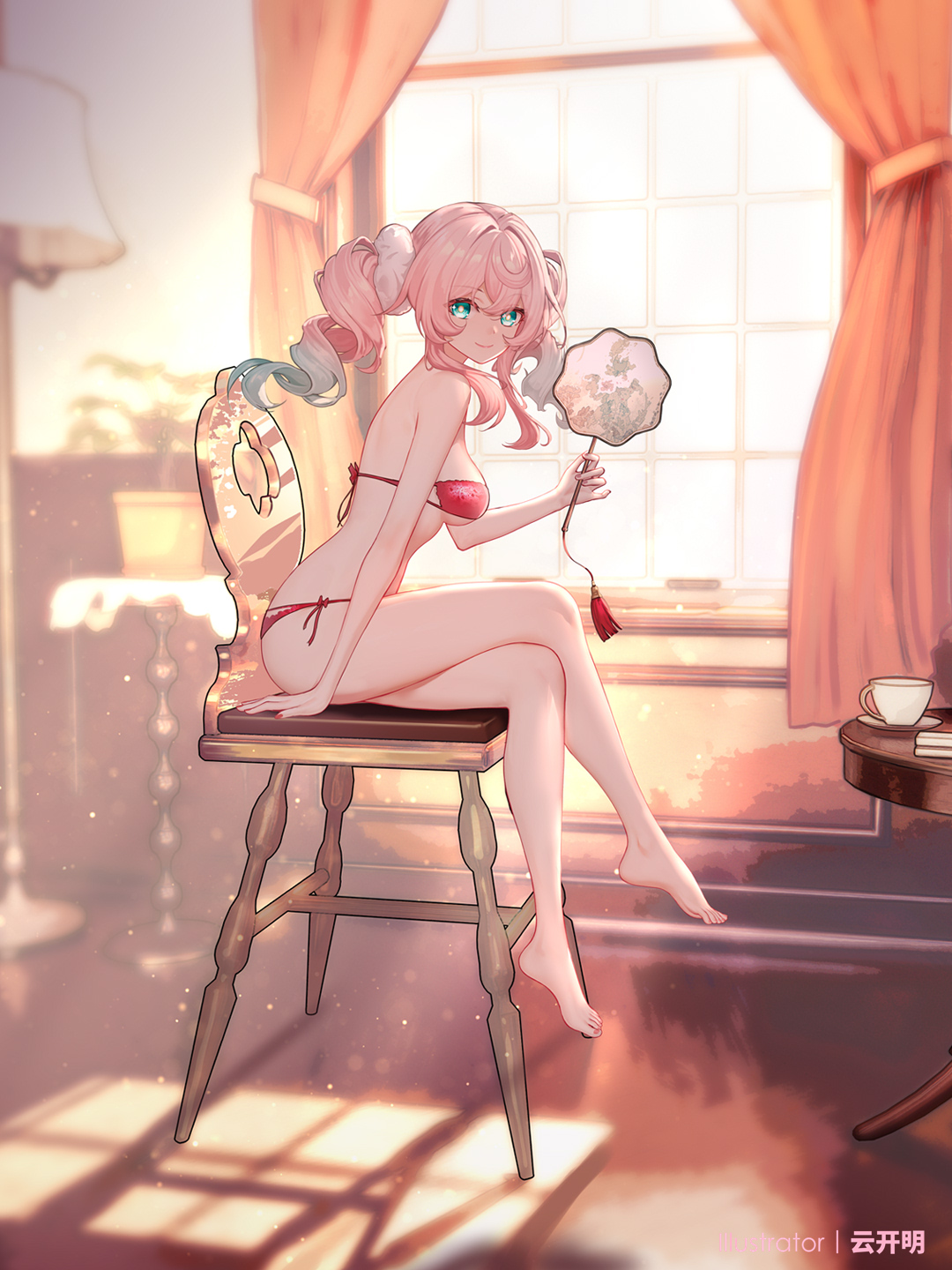 yunkaiming, hyacine (honkai: star rail), honkai: star rail, honkai (series), commentary, hashtag-only commentary, highres, paid reward available, 1girl, aqua eyes, bare legs, barefoot, book, book stack, bra, breasts, closed mouth, colored tips, crossed legs, curtains, from side, hand fan, holding, holding fan, indoors, large breasts, legs, long hair, looking at viewer, multicolored hair, panties, pink hair, red bra, red panties, side slit, sitting, smile, solo, twintails, underwear, underwear only, window
