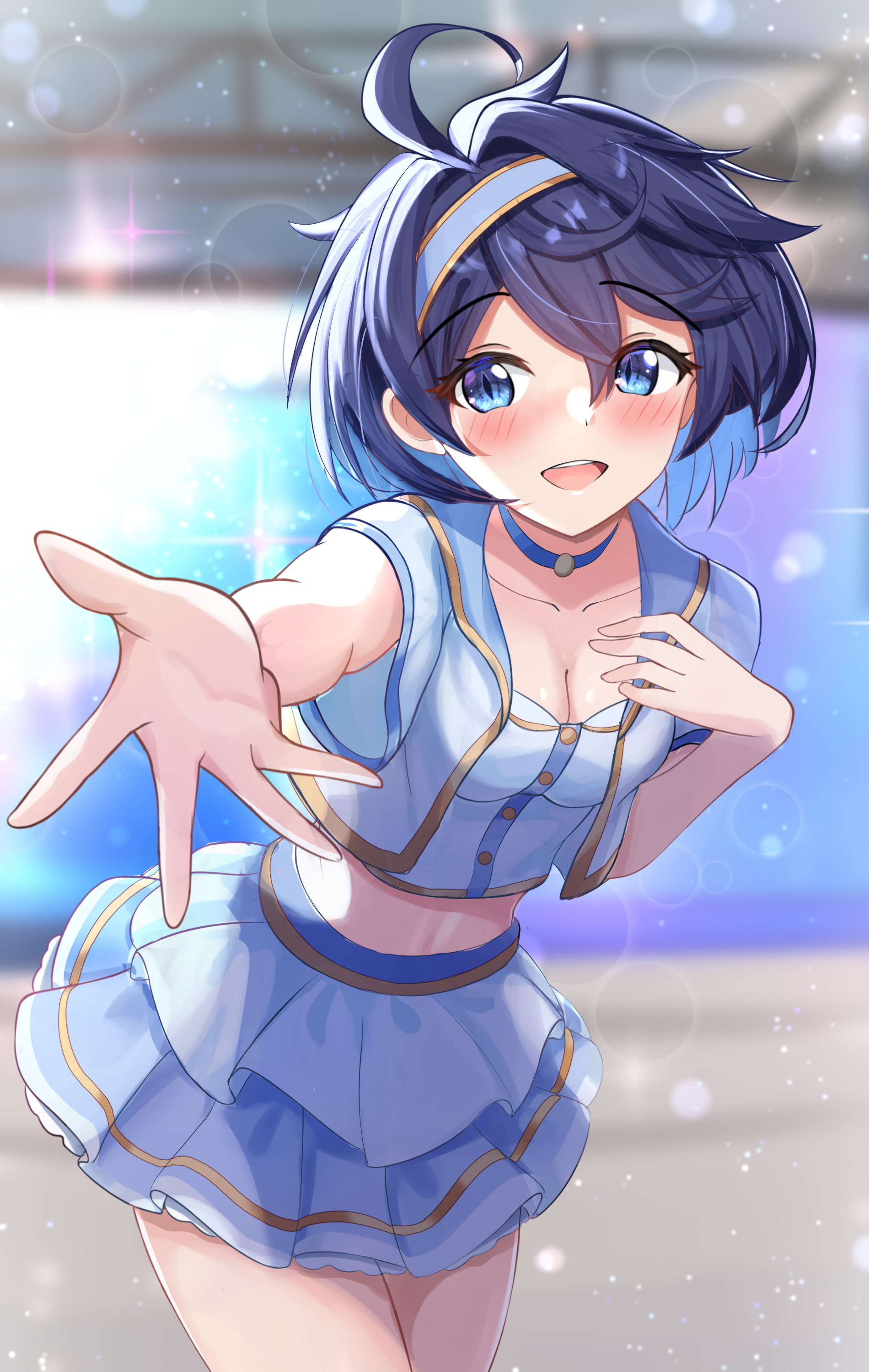 fj hatsu, sheffy (princess connect!), sheffy (real) (princess connect!), princess connect!, absurdres, highres, 1girl, blue choker, blue eyes, blue hair, blush, breasts, choker, crop top, hand on own chest, headband, layered skirt, looking at viewer, medium breasts, open clothes, open mouth, open vest, outstretched hand, short hair, short sleeves, skirt, slit pupils, smile, teeth, upper teeth only, vest
