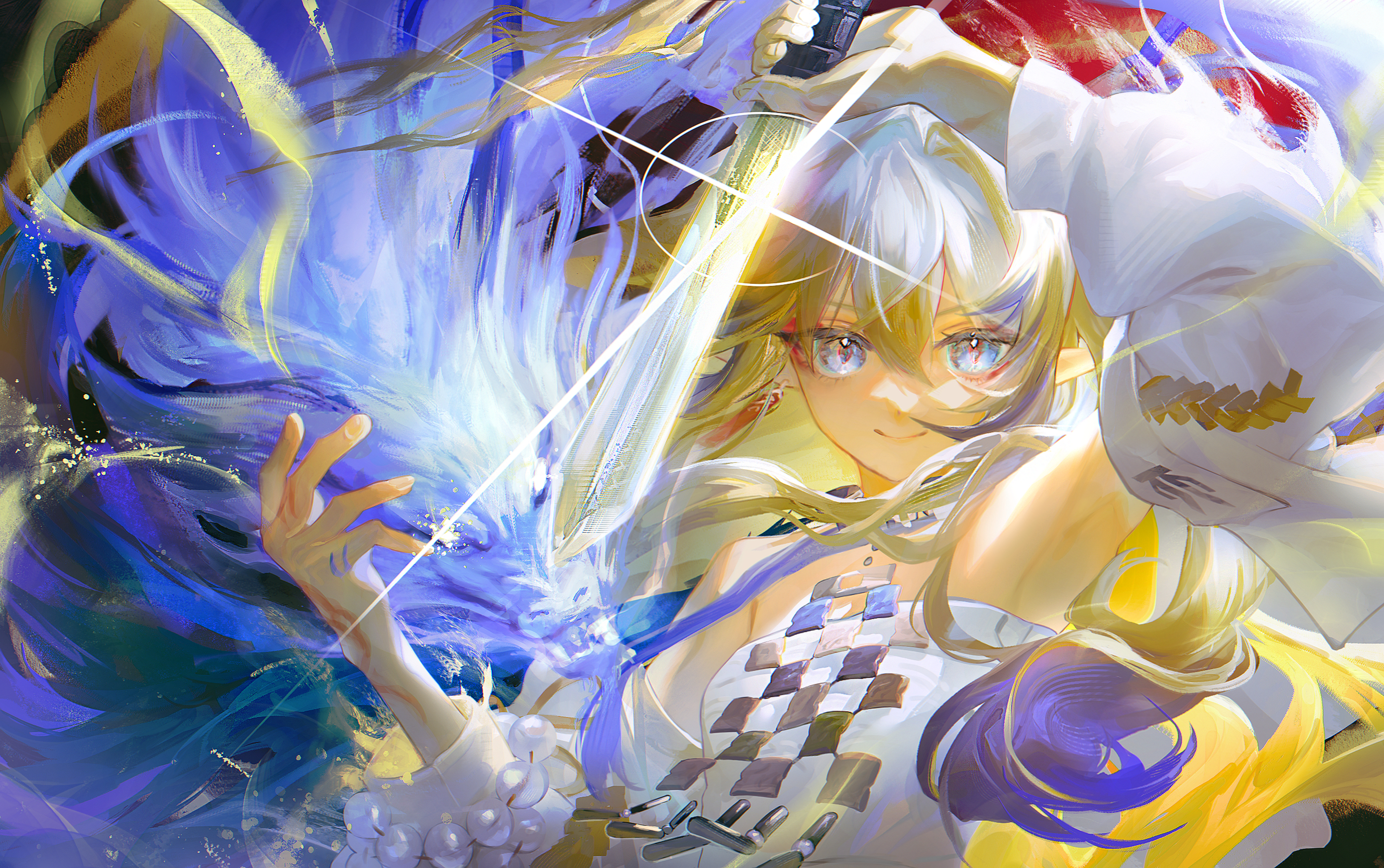 myluche, shu (arknights), arknights, highres, revision, 1girl, arm up, armpits, bare shoulders, beads, blonde hair, blue eyes, diffraction spikes, dragon, dragon girl, dragon horns, earrings, eastern dragon, fingernails, hair between eyes, holding, holding sword, holding weapon, horns, jacket, jewelry, long hair, looking at viewer, magic, multicolored hair, off shoulder, purple hair, smile, solo, strapless, sword, tube top, upper body, weapon, white hair, white jacket, white tube top