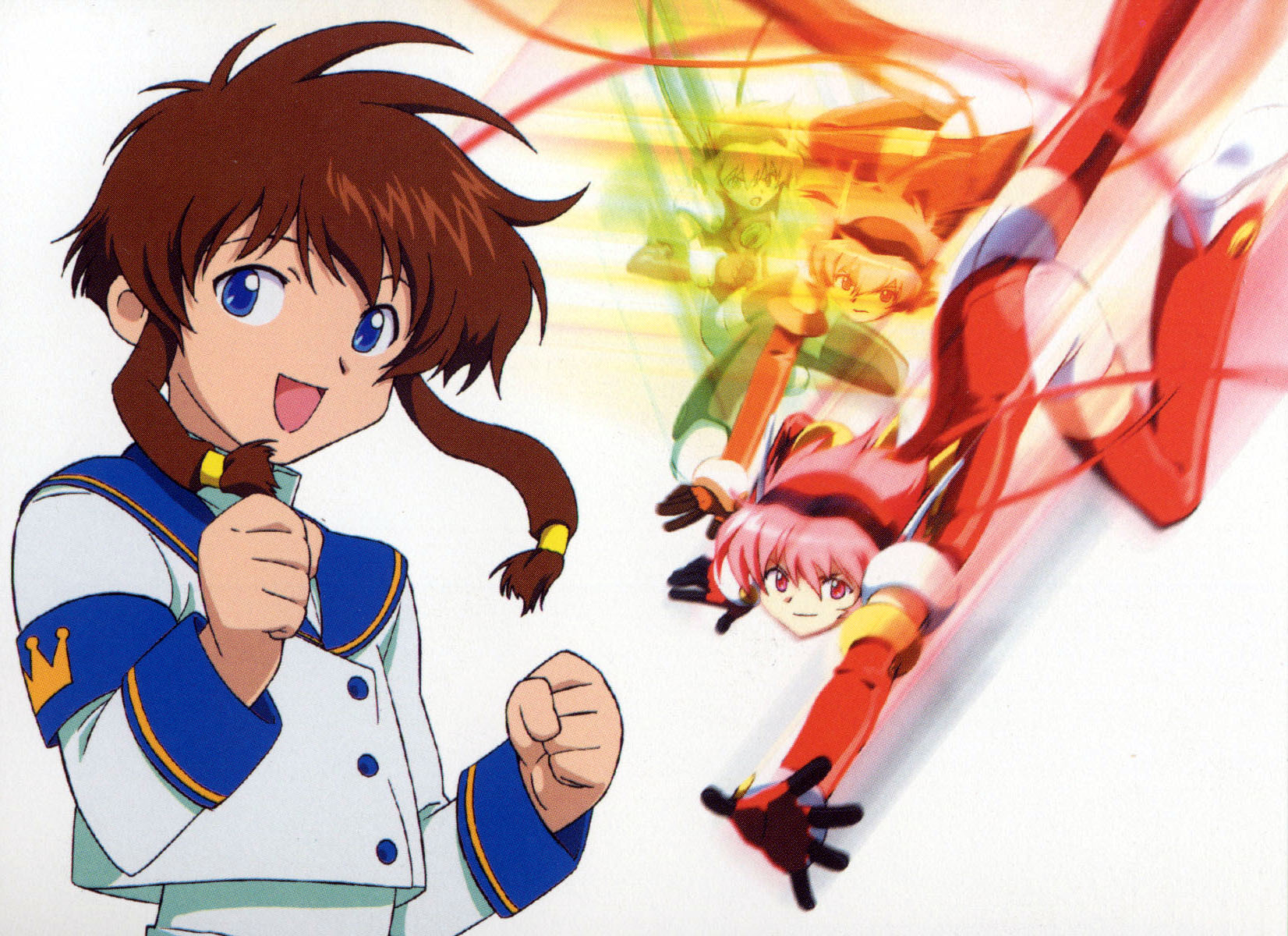 hikaru (angelic layer), suzuhara misaki, angelic layer, highres, blue eyes, brown hair, pink hair, red eyes, school uniform, serafuku