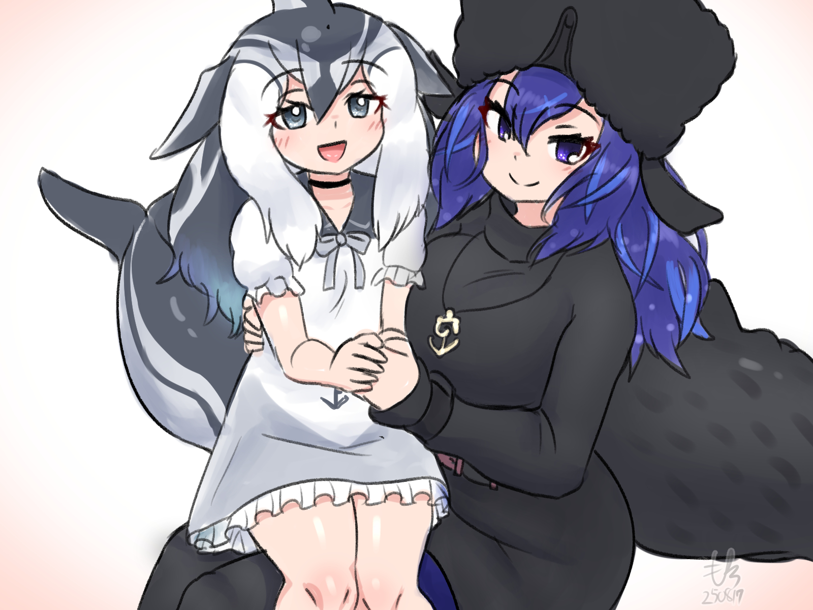 mo23, pacific white-sided dolphin (kemono friends), kemono friends, kemono friends 3, highres, 2girls, anchor necklace, anchor pendant, black hair, black sweater, blowhole, blue eyes, blue hair, blue pantyhose, blush, bow, bowtie, cetacean tail, curvy, dolphin girl, dorsal fin, dress, fins, fish tail, frilled dress, frills, fur hat, grey bow, grey bowtie, grey dress, grey hair, hair between eyes, hat, head fins, japari symbol, jewelry, long hair, long sleeves, looking at viewer, multicolored hair, multiple girls, necklace, pantyhose, sailor dress, short sleeves, sidelocks, sitting, sitting on person, smile, sperm whale (kemono friends), sweater, tail, turtleneck, turtleneck sweater, ushanka, whale girl, white dress, white hair