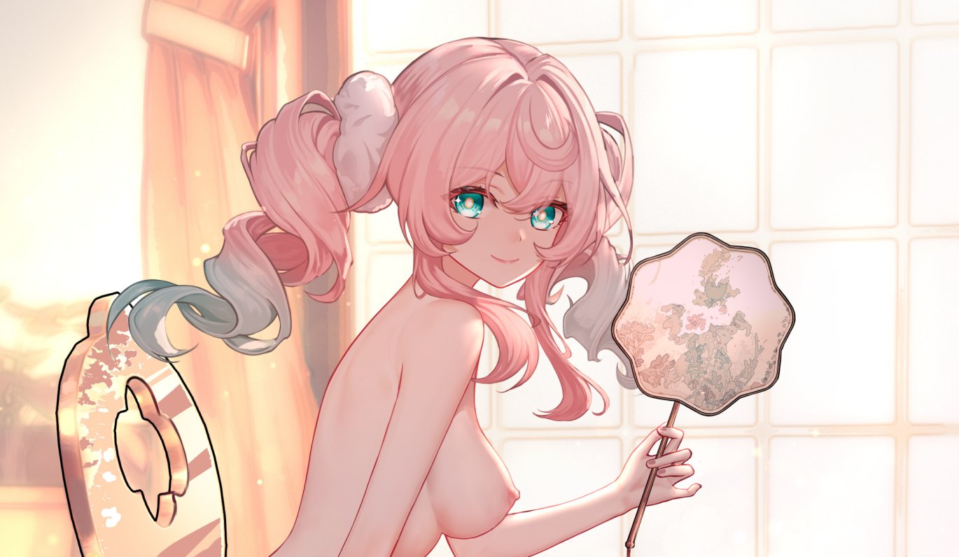 yunkaiming, hyacine (honkai: star rail), honkai: star rail, honkai (series), paid reward available, 1girl, aqua eyes, breasts, closed mouth, colored tips, drill hair, from side, hand fan, hand up, holding, holding fan, indoors, long hair, looking at viewer, looking to the side, medium breasts, multicolored hair, nipples, nude, pink hair, smile, solo, twin drills, upper body, yellow pupils