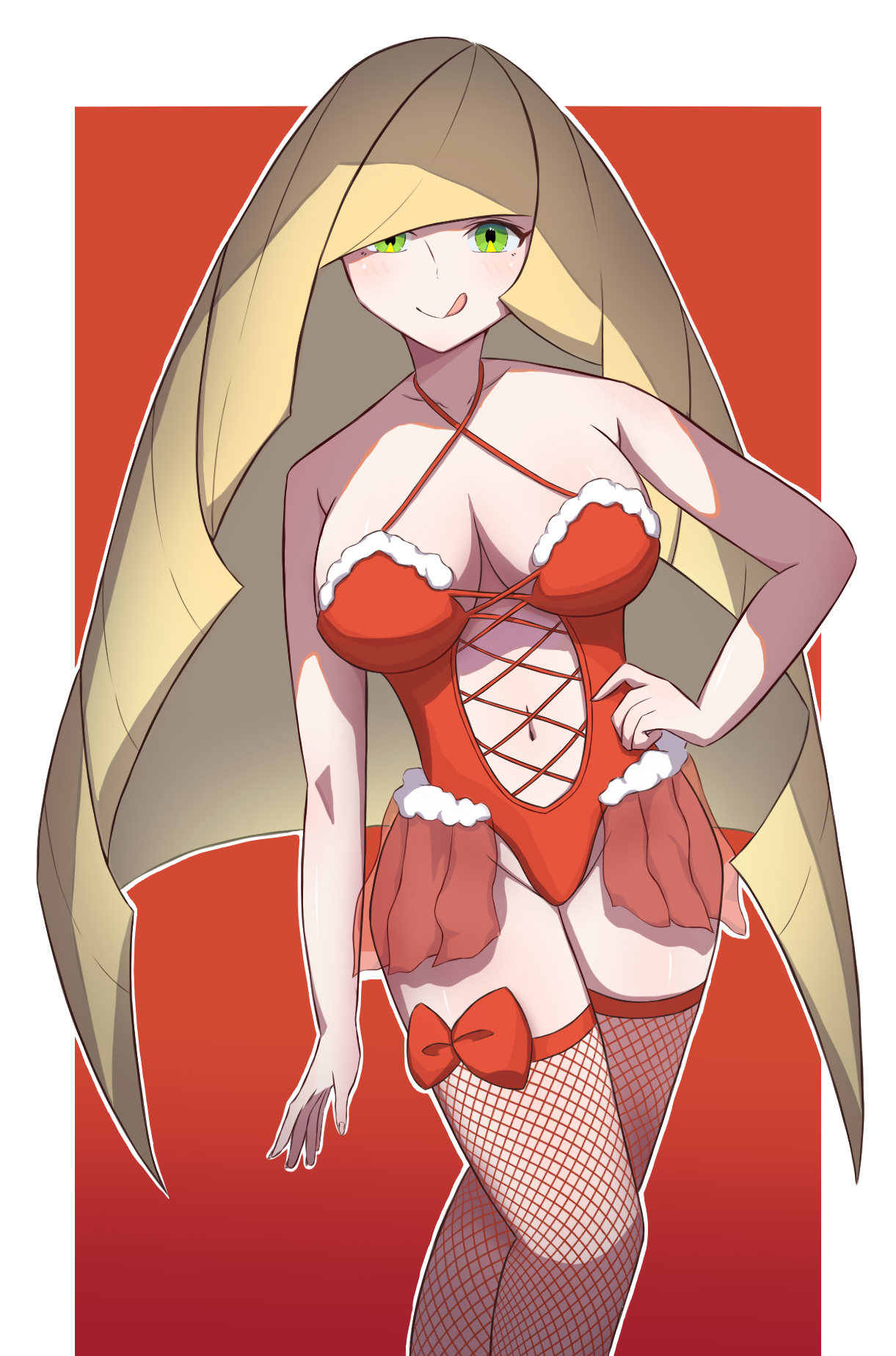 lusamine (pokemon), nintendo, pokemon, pokemon sm, commentary request, highres, 1girl, :q, alternate costume, blonde hair, blush, border, bow, breasts, cowboy shot, eyelashes, fishnet thighhighs, fishnets, green eyes, hand on own hip, large breasts, leotard, long hair, navel, outline, red background, red bow, red leotard, simple background, smile, solo, stomach, thighhighs, tongue, tongue out, user ctxc5233, white border, white outline