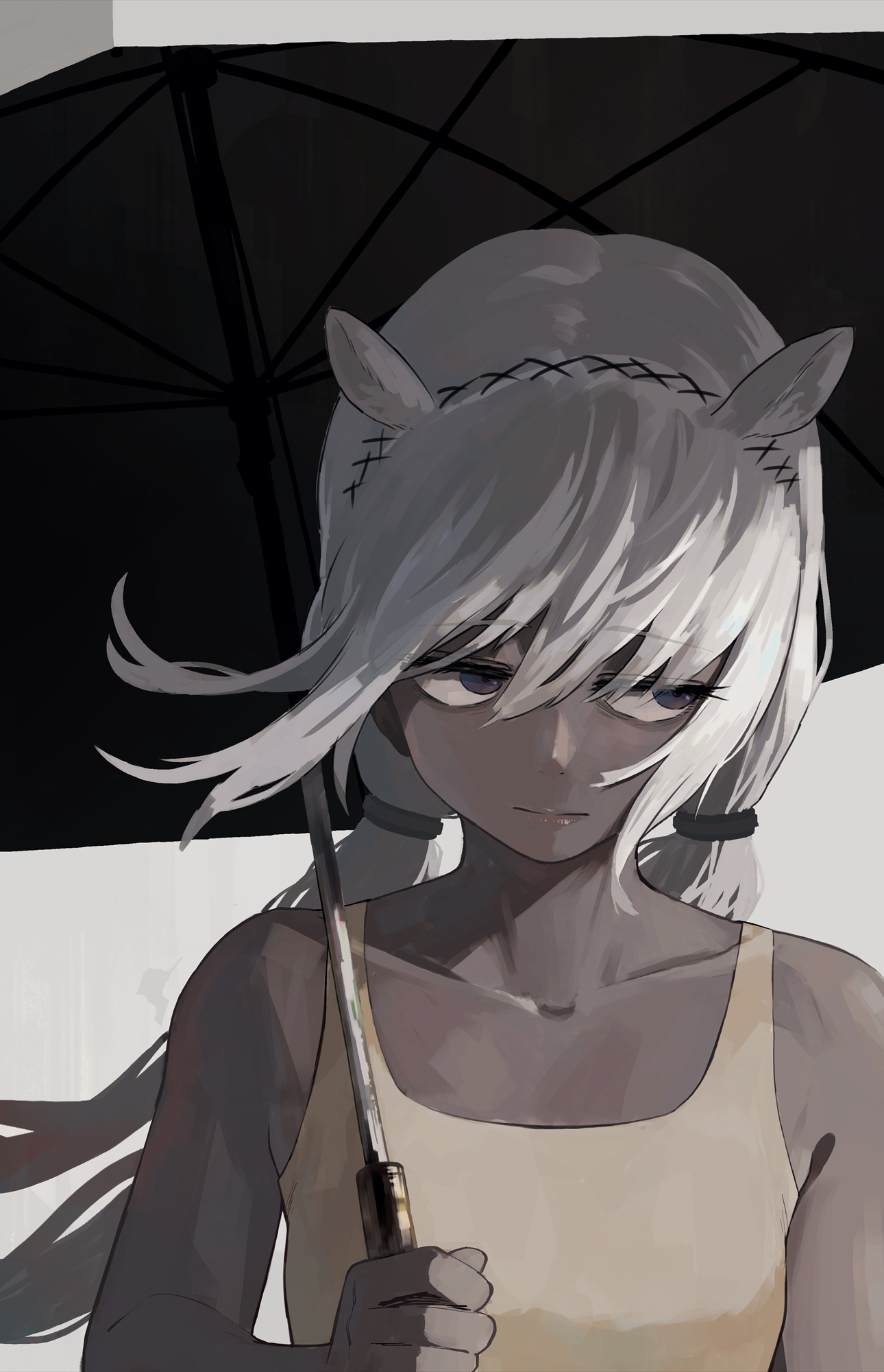 iroiro yaru hito, tuye (arknights), arknights, commentary request, highres, 1girl, animal ears, camel ears, camel girl, dark-skinned female, dark skin, holding, holding umbrella, long hair, looking to the side, purple eyes, simple background, solo, tank top, twintails, umbrella, white hair, yellow tank top