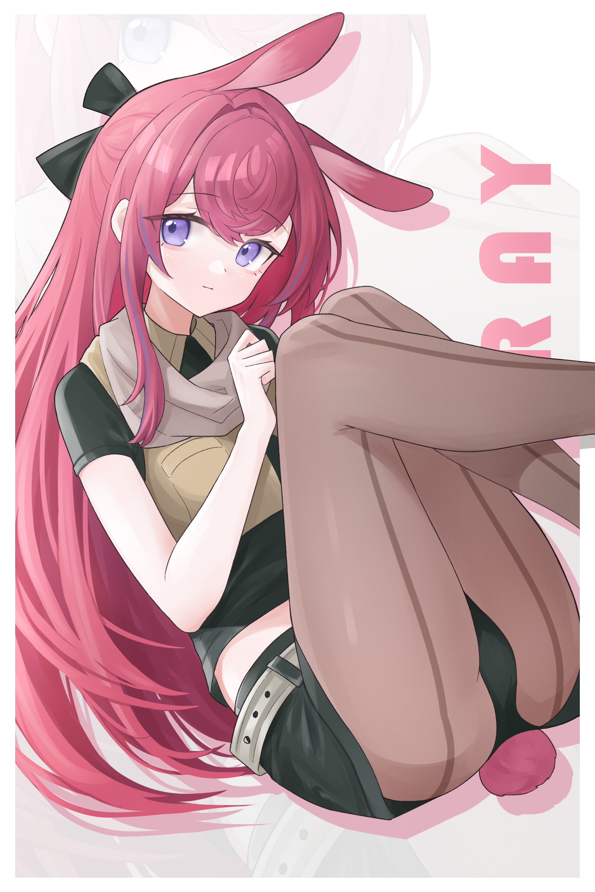 jiuyu qame, ray (arknights), arknights, absurdres, chinese commentary, commentary, highres, 1girl, animal ears, ass, belt, black shirt, black shorts, brown pantyhose, character name, closed mouth, feet out of frame, grey belt, hair intakes, hand up, legs up, long hair, looking at viewer, multicolored hair, pantyhose, pink hair, pink tail, purple eyes, purple hair, shirt, short sleeves, short tail, shorts, solo, streaked hair, tail, zoom layer