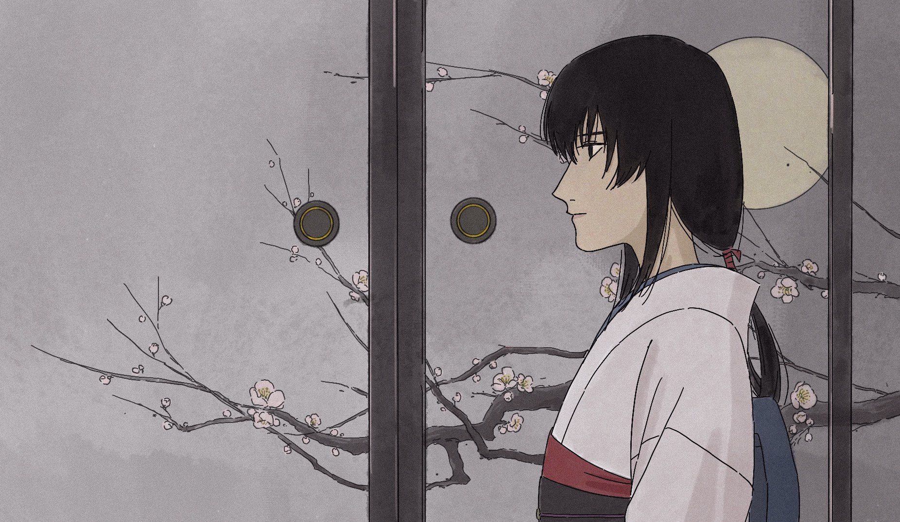 taguchi eri, yukishiro tomoe, rurouni kenshin, highres, 1girl, black hair, closed mouth, japanese clothes, kimono, long hair, long sleeves, solo, wide sleeves