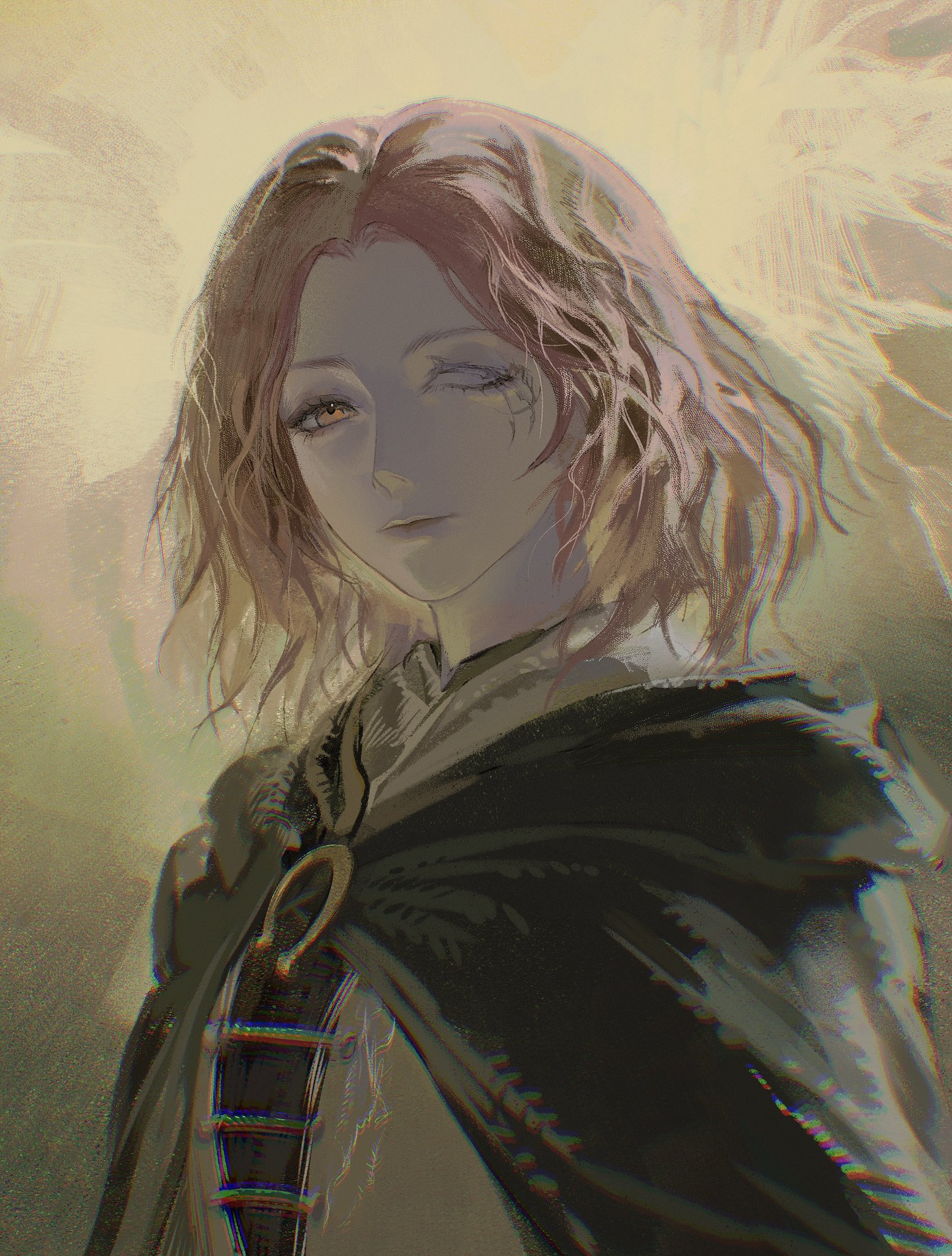 kwiaty k, melina (elden ring), elden ring, commentary, highres, symbol-only commentary, 1girl, brown eyes, brown hair, cape, closed mouth, dress, erdtree (elden ring), facial tattoo, green cape, green dress, hood, hood down, hooded cape, lips, looking at viewer, one eye closed, short hair, solo, tattoo