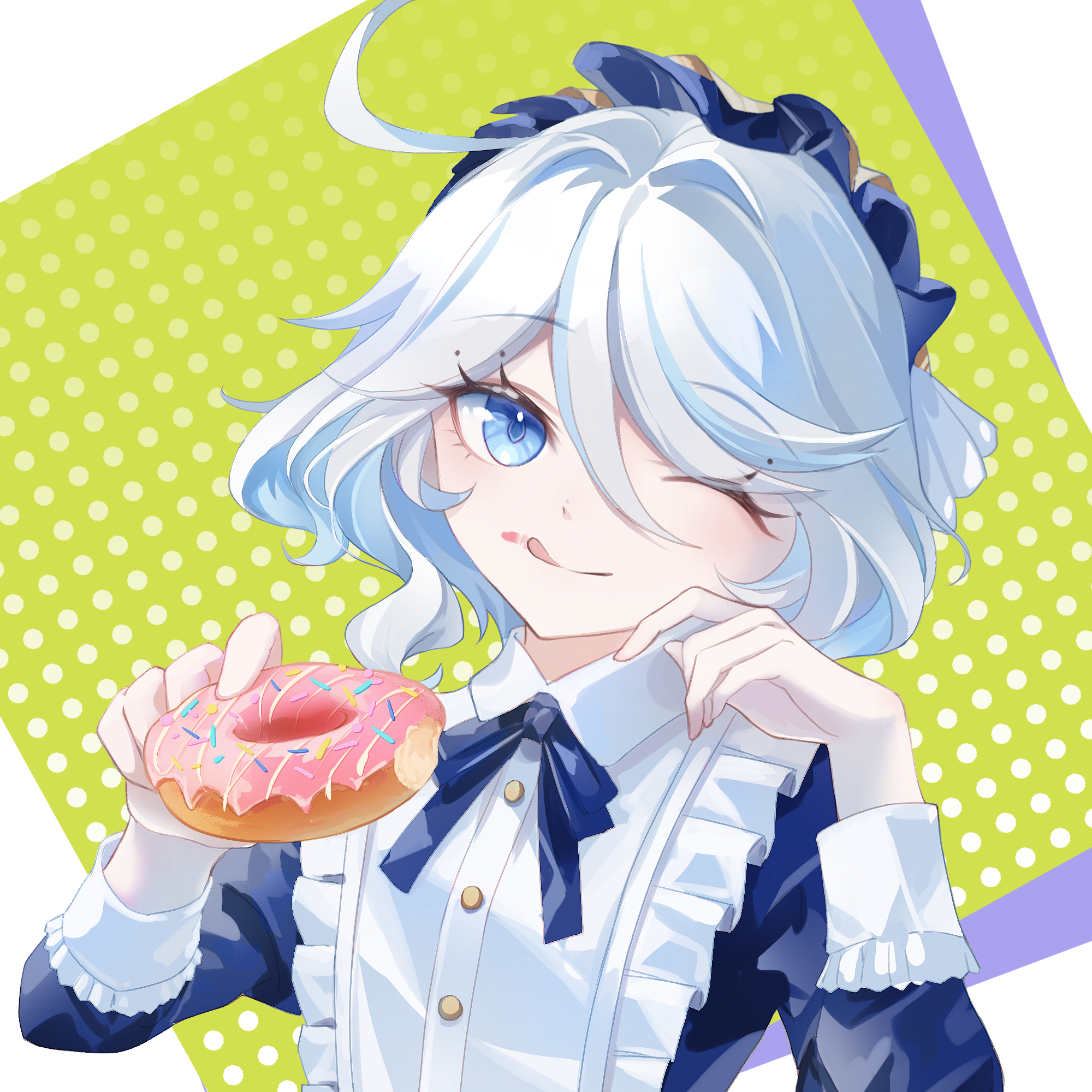 furina (genshin impact), genshin impact, commentary, highres, symbol-only commentary, 1girl, ahoge, apron, blue eyes, donut, eating, emu2cat, food, food on face, holding, holding food, licking lips, long sleeves, looking at viewer, maid headdress, neck ribbon, one eye closed, ribbon, short hair, sleeve cuffs, smile, solo, tongue, tongue out, white hair