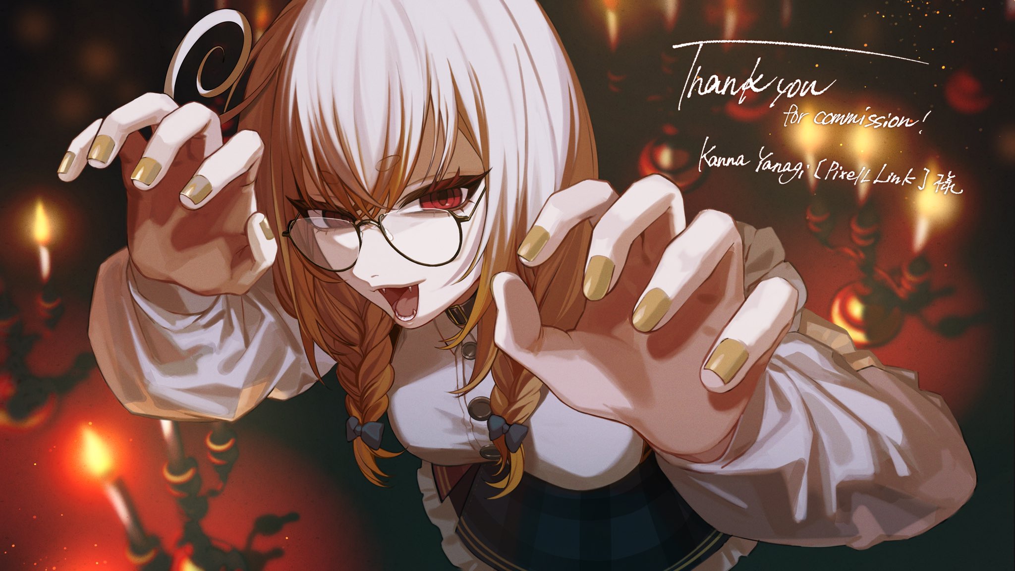 kanna yanagi, pixellink, commission, highres, skeb commission, 1girl, blonde hair, blue bow, blue skirt, blurry, blurry background, bow, braid, breasts, buttons, candle, fangs, frilled skirt, frills, glasses, hair bow, kamomedo06, long hair, multicolored hair, open mouth, plaid clothes, plaid skirt, red eyes, shirt, skirt, solo, streaked hair, thank you, twin braids, virtual youtuber, white hair, white shirt, yellow nails