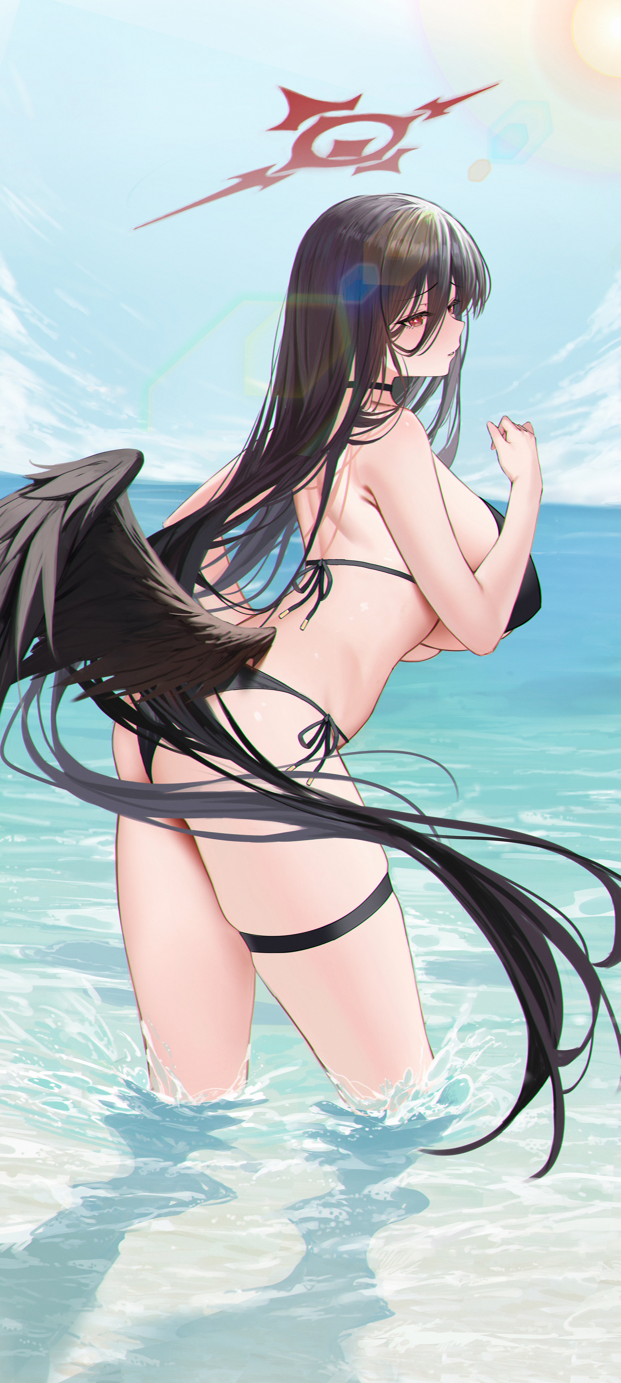 akipopopopoon, hasumi (blue archive), hasumi (swimsuit) (blue archive), blue archive, absurdres, commentary request, highres, 1girl, ass, bikini, black bikini, black choker, black wings, blue sky, blush, breasts, choker, closed mouth, day, feathered wings, hair between eyes, halo, horizon, large breasts, long hair, long hair between eyes, low wings, ocean, official alternate costume, oversized wings, red halo, skindentation, sky, solo, standing, sunlight, swimsuit, thigh strap, thighs, wading, water, wings