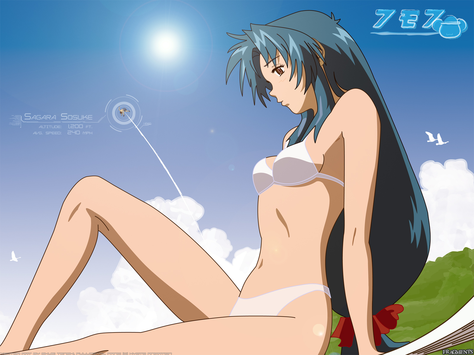 chidori kaname, sagara sousuke, full metal panic!, highres, 00s, 1girl, bikini, blue hair, brown eyes, female focus, hand fan, harisen, long hair, solo, swimsuit