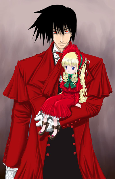 tousen, alucard (hellsing), shinku, hellsing, rozen maiden, 00s, 1boy, 1girl, ascot, black hair, blonde hair, blue eyes, bonnet, bow, bowtie, crossover, doll, drill hair, formal clothes, green bow, green bowtie, holding, long hair, long sleeves, looking at viewer, red eyes, sidelocks, sitting, size difference, suit, twintails, very long hair