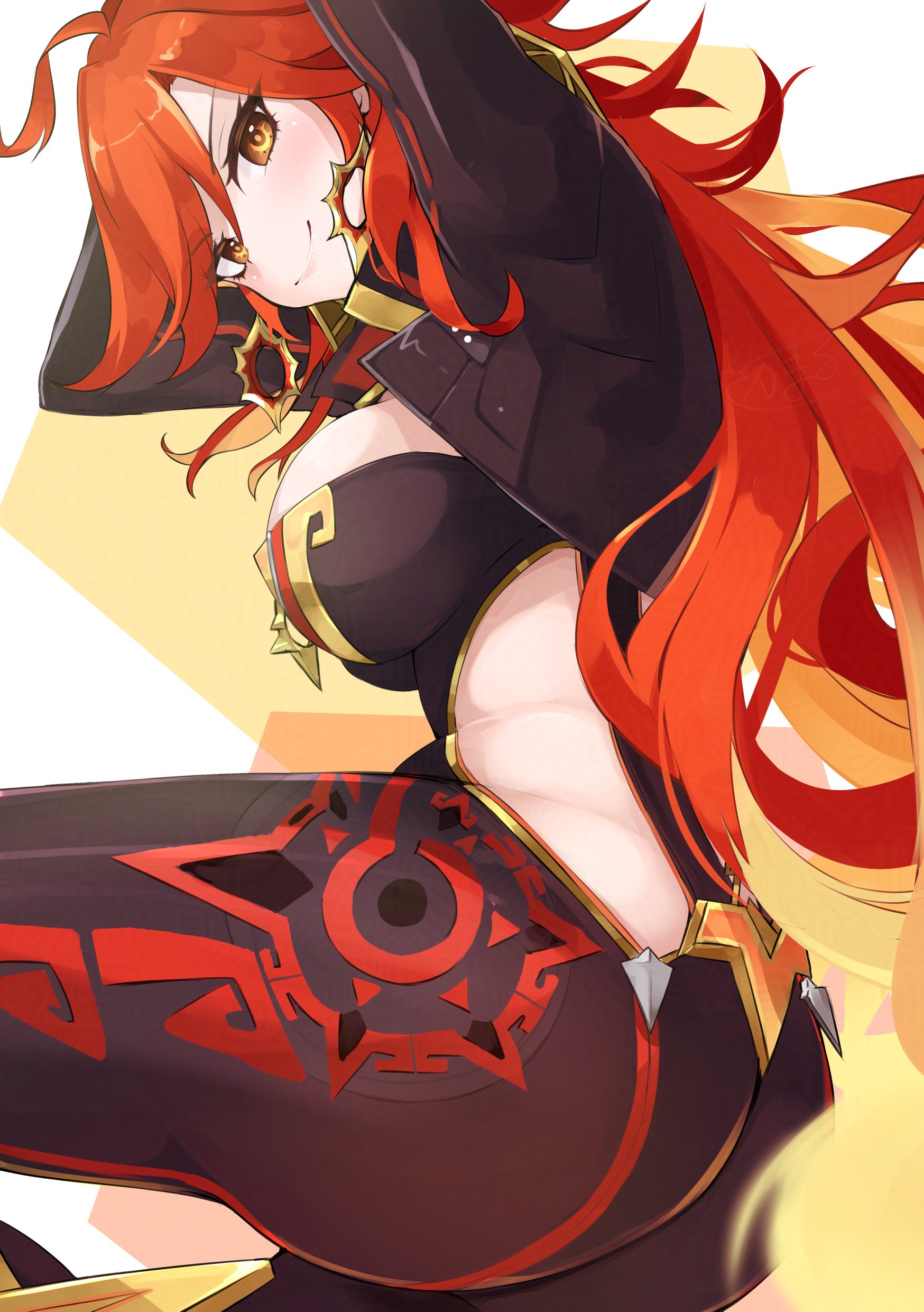 kuro (be ok), mavuika (genshin impact), genshin impact, absurdres, commentary request, highres, 1girl, arms up, black bodysuit, black jacket, bodysuit, breasts, closed mouth, clothing cutout, cowboy shot, cropped jacket, earrings, from side, jacket, jewelry, large breasts, long hair, looking at viewer, orange eyes, red hair, side cutout, smile, solo, two-tone background, white background, yellow background