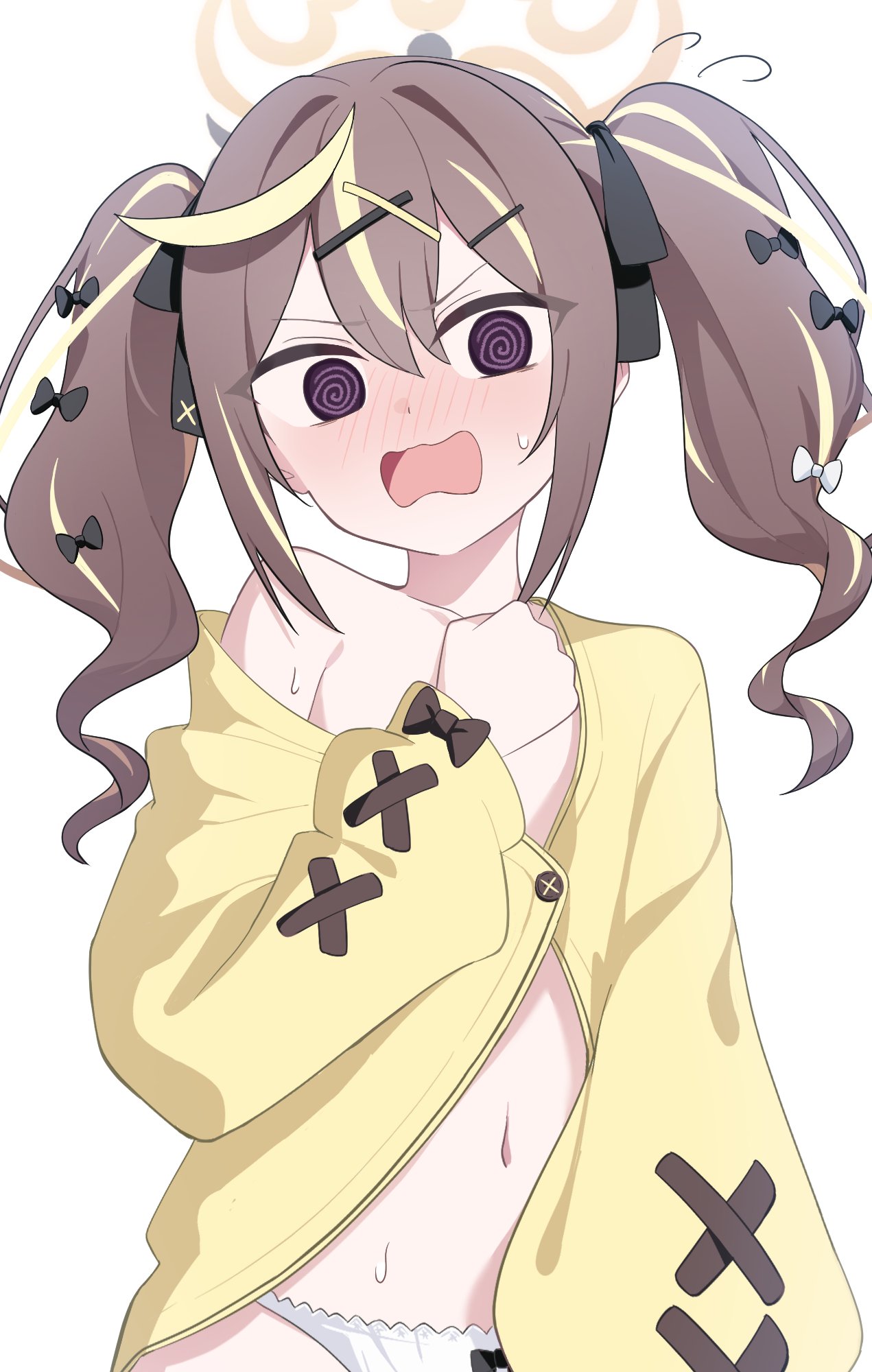 minamino 3730, rena (blue archive), blue archive, highres, 1girl, @ @, black bow, black ribbon, blonde hair, blush, bow, bow panties, brown hair, flying sweatdrops, hair between eyes, hair bow, hair ornament, hair ribbon, hairclip, halo, long hair, long sleeves, looking at viewer, multicolored hair, navel, open mouth, panties, puffy long sleeves, puffy sleeves, purple eyes, ribbon, simple background, single bare shoulder, solo, streaked hair, sweat, twintails, underwear, wavy mouth, white background, white panties, x hair ornament