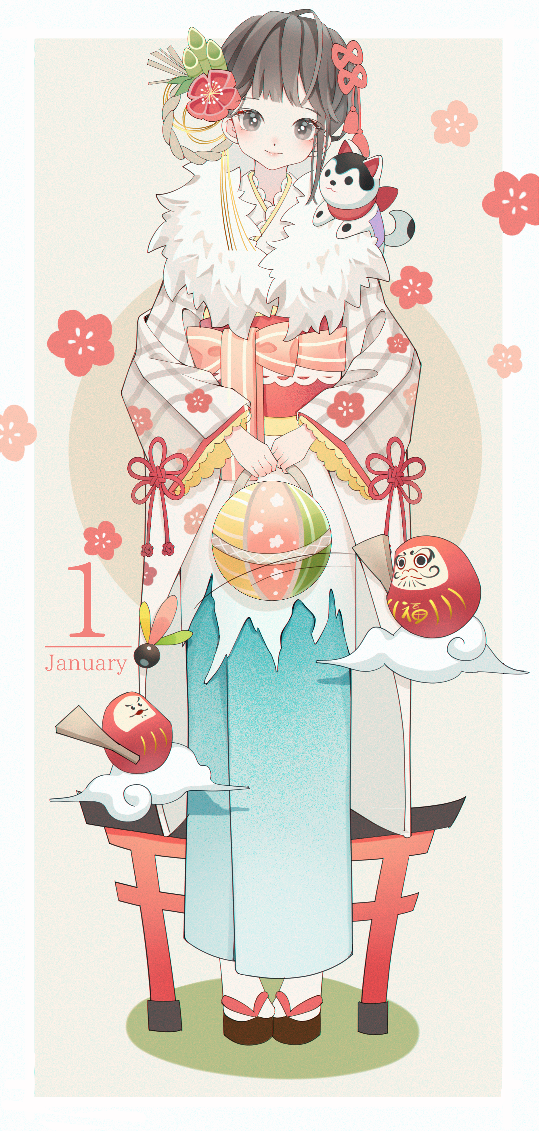 shiraho (color-56), original, absurdres, commentary request, highres, 1girl, blunt bangs, blush, border, brown eyes, brown hair, brown sandals, closed mouth, daruma doll, full body, fur collar, grey background, january, japanese clothes, kimono, long sleeves, looking at viewer, obi, okobo, personification, platform sandals, red sash, sandals, sash, short hair, simple background, smile, socks, solo, standing, tabi, torii, white border, white kimono, white socks, wide sleeves