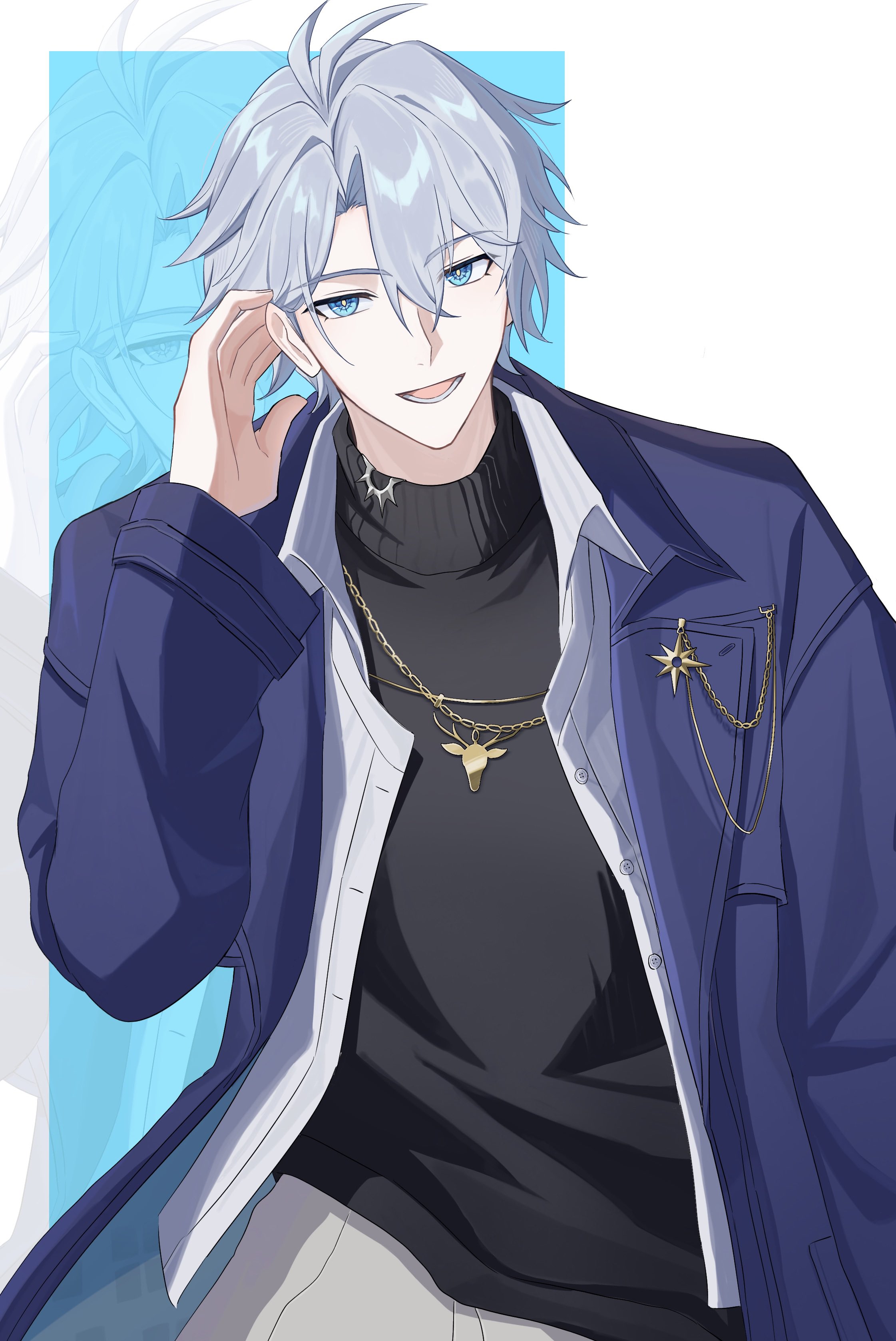 phainon (honkai: star rail), honkai: star rail, honkai (series), absurdres, highres, 1boy, antenna hair, black sweater, blue eyes, coat, grey hair, grey pants, hair between eyes, hand up, jewelry, kano kano 777, looking at viewer, lower teeth only, male focus, necklace, official alternate costume, open clothes, open coat, open mouth, open shirt, pants, parted bangs, phainon (luckin coffee) (honkai: star rail), purple coat, shirt, short hair, smile, solo, sweater, teeth, turtleneck, turtleneck sweater, white shirt, yellow pupils