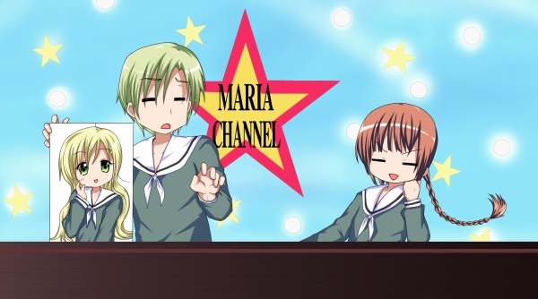hasekura rei, shimazu yoshino, toudou shimako, lucky star, maria-sama ga miteru, blonde hair, braid, brown hair, crossover, green eyes, lucky channel, parody, school uniform, serafuku, twin braids