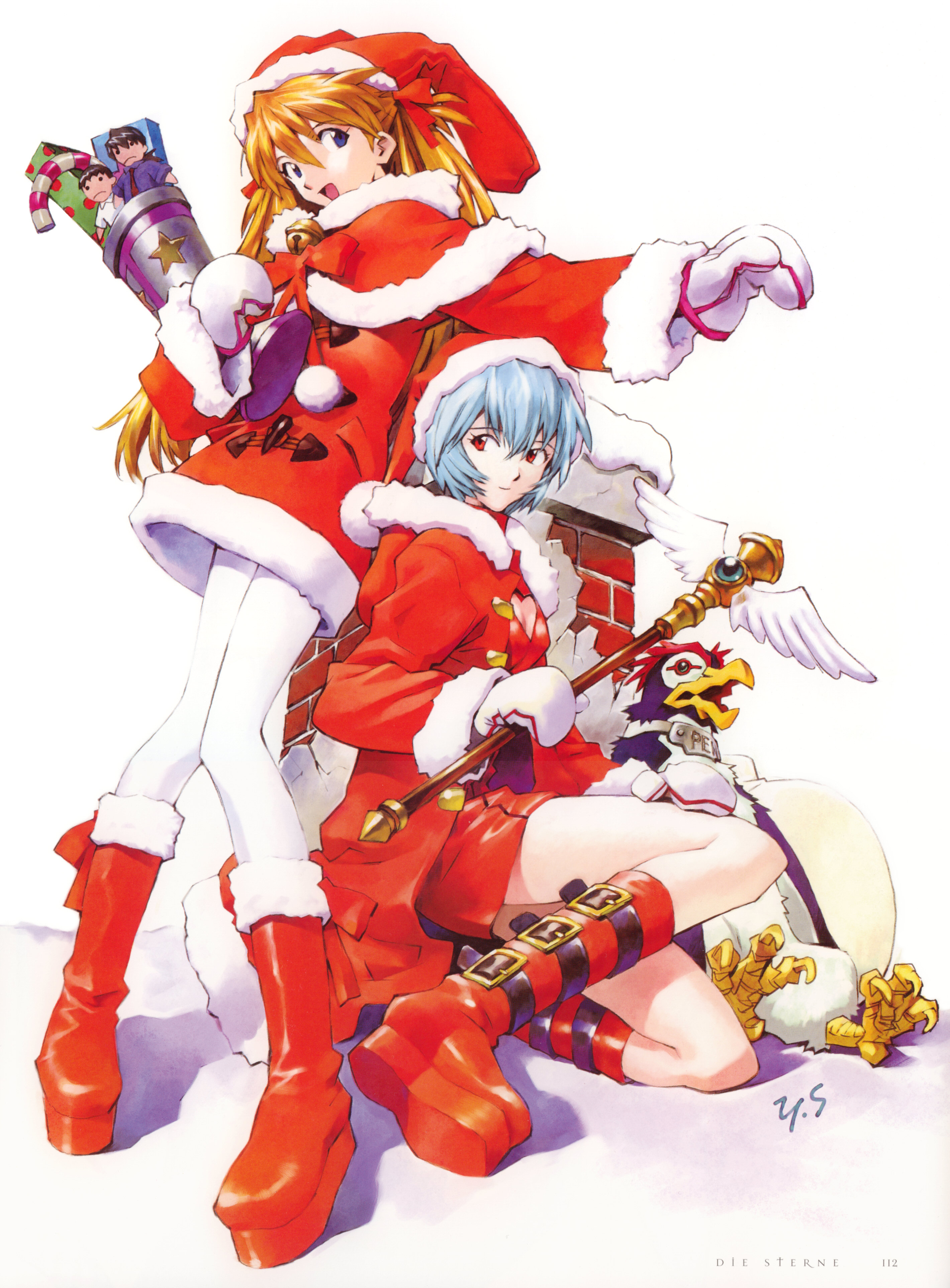 sadamoto yoshiyuki, ayanami rei, ikari shinji, kaji ryouji, penpen, souryuu asuka langley, neon genesis evangelion, platform footwear, red footwear, absurdres, cleaned, highres, official art, scan, 2girls, :d, alternate costume, bell, bird, blue eyes, blue hair, boots, bow, bowtie, breasts, buckle, candy, candy cane, capelet, character doll, chimney, christmas, cleavage, cleavage cutout, clothing cutout, coat, coat dress, doll, dress, food, from side, full body, fur trim, gem, german text, gift, hair between eyes, hair ribbon, hand on own thigh, hat, heart, heart cutout, holding, hood, hood down, jingle bell, knee boots, long hair, looking at viewer, mittens, multiple girls, name tag, open clothes, open coat, open mouth, orange hair, outstretched arm, page number, pantyhose, penguin, polka dot, pom pom (clothes), red eyes, red hair, ribbon, rooftop, sack, santa costume, santa hat, shadow, short dress, short hair, signature, simple background, sitting, skirt, small breasts, smile, snow, standing, star (symbol), two side up, wand, white background, white mittens, white pantyhose, wings, winter clothes