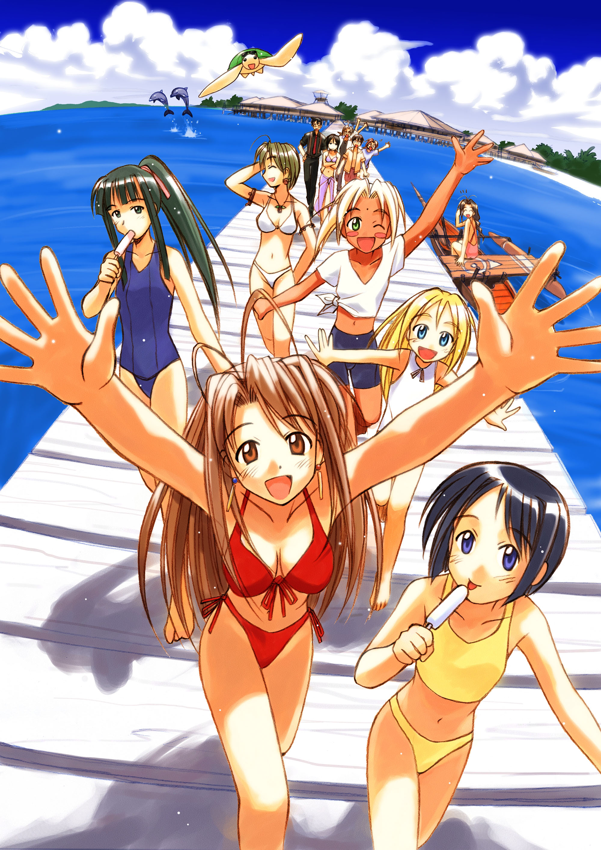 akamatsu ken, aoyama motoko, haitani masayuki, kaolla su, konno mitsune, maehara shinobu, narusegawa naru, otohime mutsumi, sarah mcdougal, seta noriyasu, shirai kimiaki, tama (love hina), urashima haruka, urashima keitarou, love hina, absurdres, highres, 4boys, 6+girls, afterimage, antenna hair, barefoot, beach, bikini, black hair, black shirt, blonde hair, blue eyes, blue jammers, blue male swimwear, blue one-piece swimsuit, blue school swimsuit, blush, blush stickers, breasts, brown eyes, brown hair, cloud, collared shirt, dolphin, earrings, everyone, facing viewer, flat chest, floating, food, front-tie bikini top, front-tie top, glasses, green eyes, green hair, happy, high ponytail, jammers, jewelry, large breasts, looking at viewer, looking back, male swimwear, medium breasts, multiple boys, multiple girls, necktie, ocean, old school swimsuit, one-piece swimsuit, one eye closed, open mouth, outdoors, pants, pier, ponytail, popsicle, red bikini, red male swimwear, red necktie, red swim trunks, sarong, school swimsuit, shirt, short hair, side-tie bikini bottom, sky, small breasts, smile, swim trunks, swimsuit, tree, turtle, waving, white bikini, wink, yellow bikini