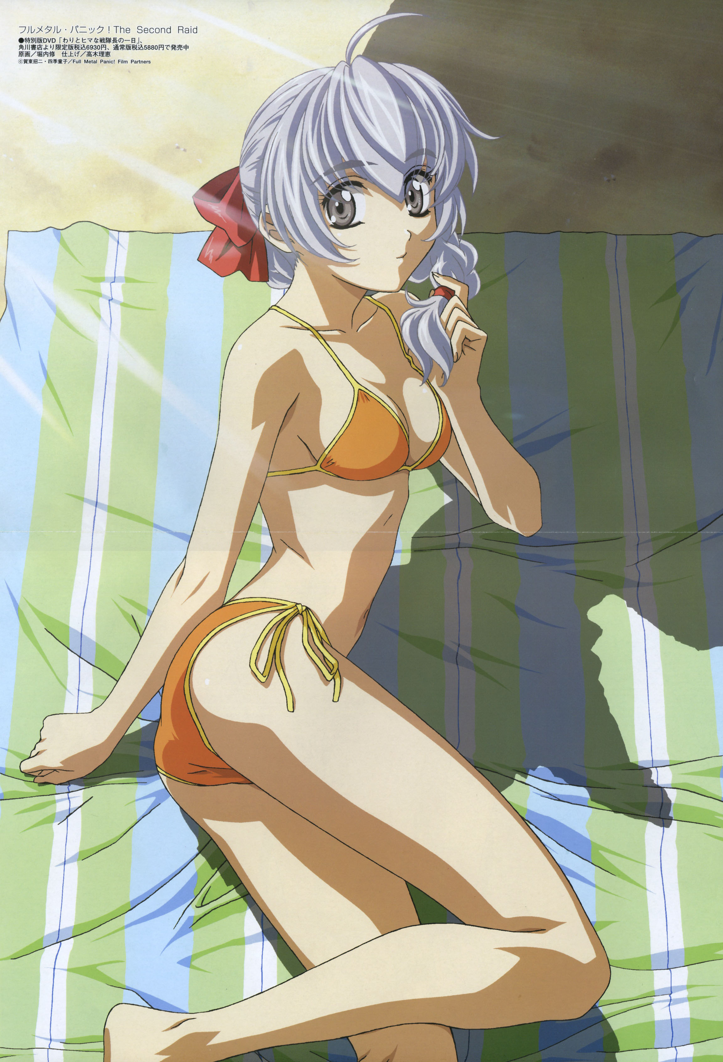 teletha testarossa, full metal panic!, absurdres, highres, barefoot, feet, grey eyes, swimsuit, white hair
