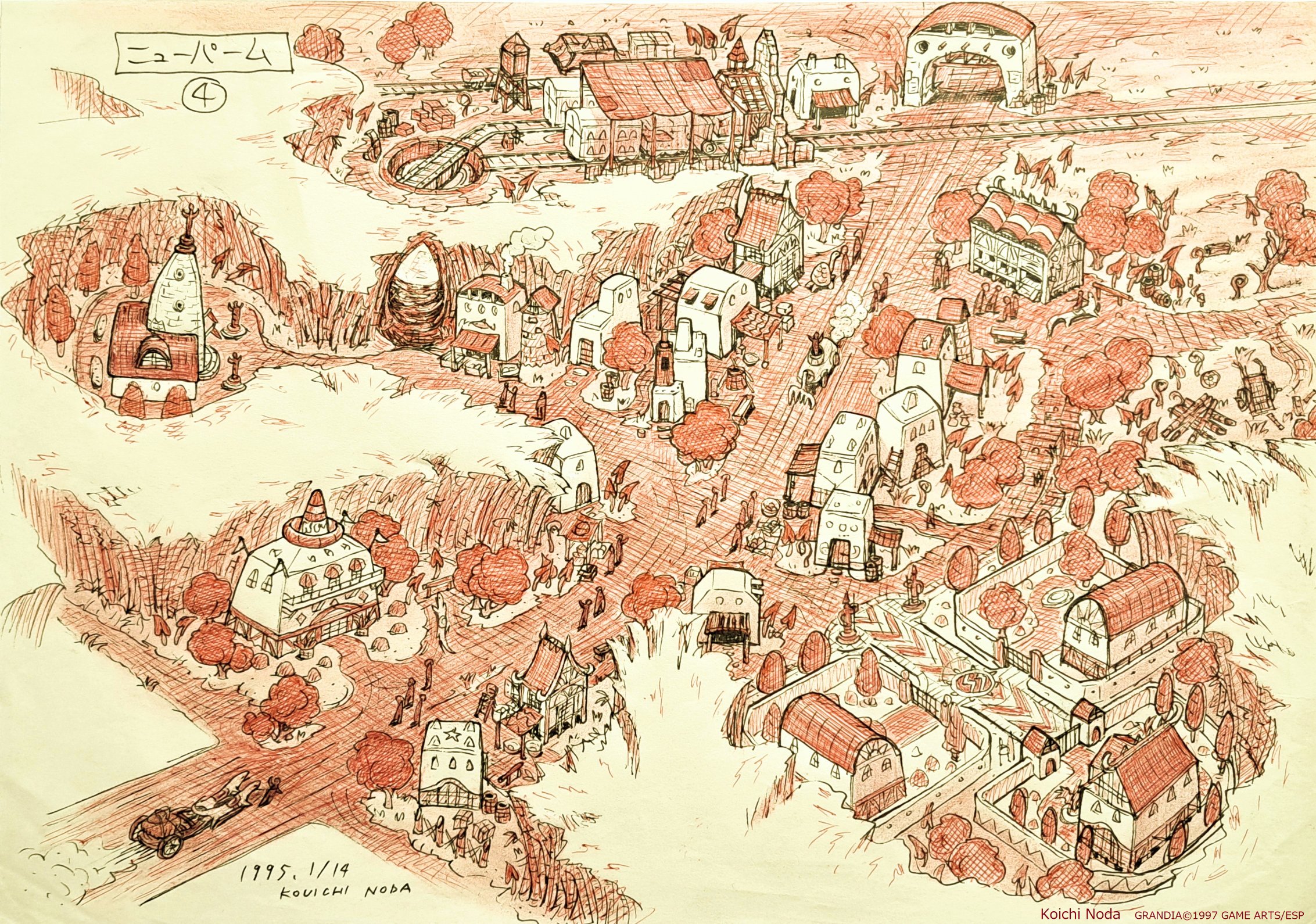 koichi noda, grandia, highres, official art, 1995, artist name, copyright name, dated, gate, house, monochrome, railroad tracks, town, tree