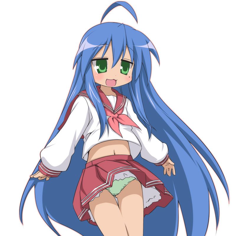 izumi konata, lucky star, 00s, 1girl, :3, :d, ahoge, blue hair, blush, cowboy shot, crop top, crop top overhang, female focus, flat chest, green eyes, green panties, hair between eyes, happy, long hair, long sleeves, looking at viewer, midriff, miniskirt, mole, mole under eye, navel, neckerchief, open mouth, panties, pantyshot, petticoat, pink neckerchief, pleated skirt, school uniform, serafuku, sidelocks, simple background, skirt, sleeve cuffs, smile, solo, standing, thigh gap, thighs, underwear, upskirt, very long hair, white background