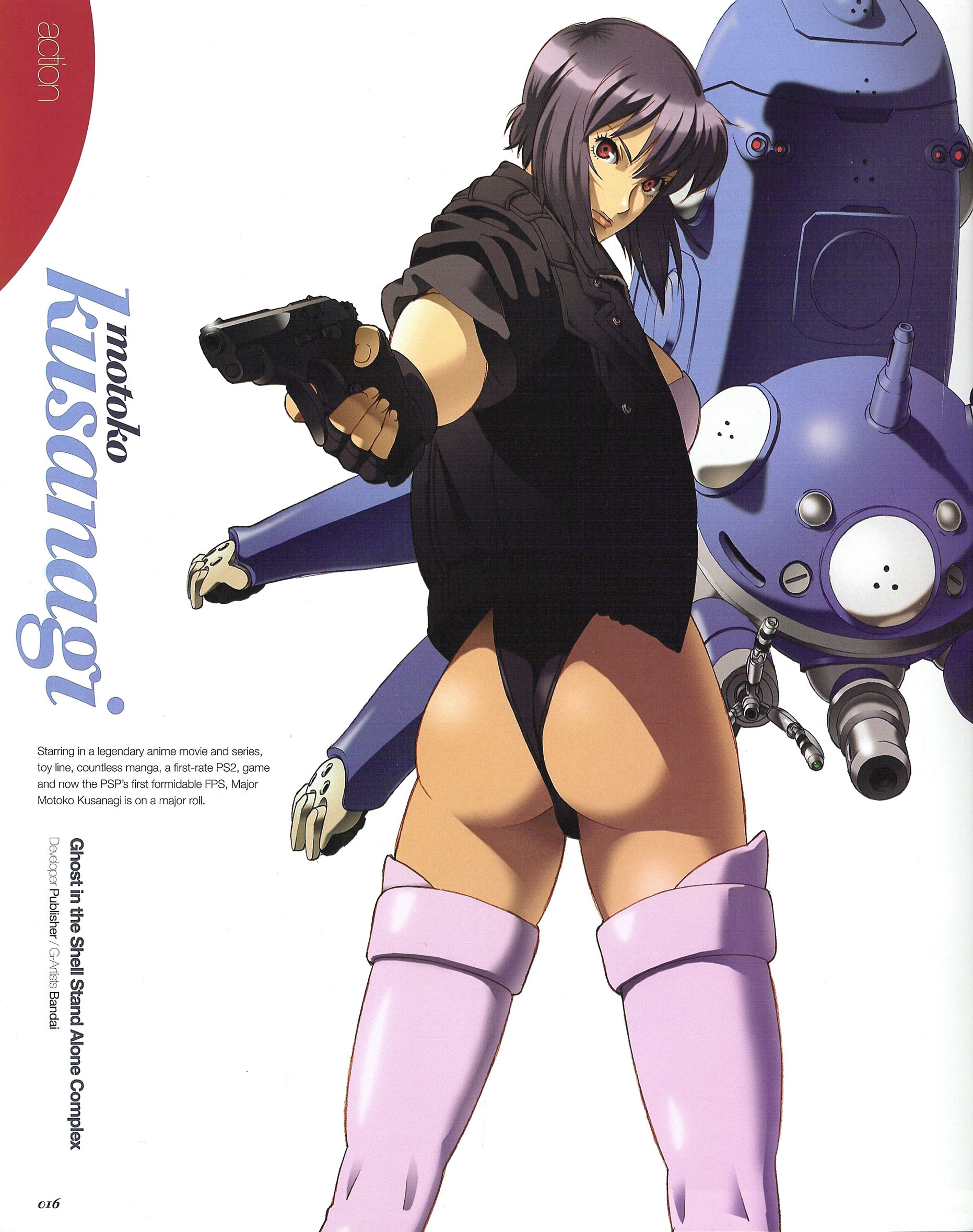 kusanagi motoko, tachikoma, ghost in the shell, highres, official art, ass, black hair, black jacket, black leotard, blue hair, flat ass, gun, holding, holding gun, holding weapon, jacket, leotard, looking back, red eyes, robot, short hair, weapon, white background