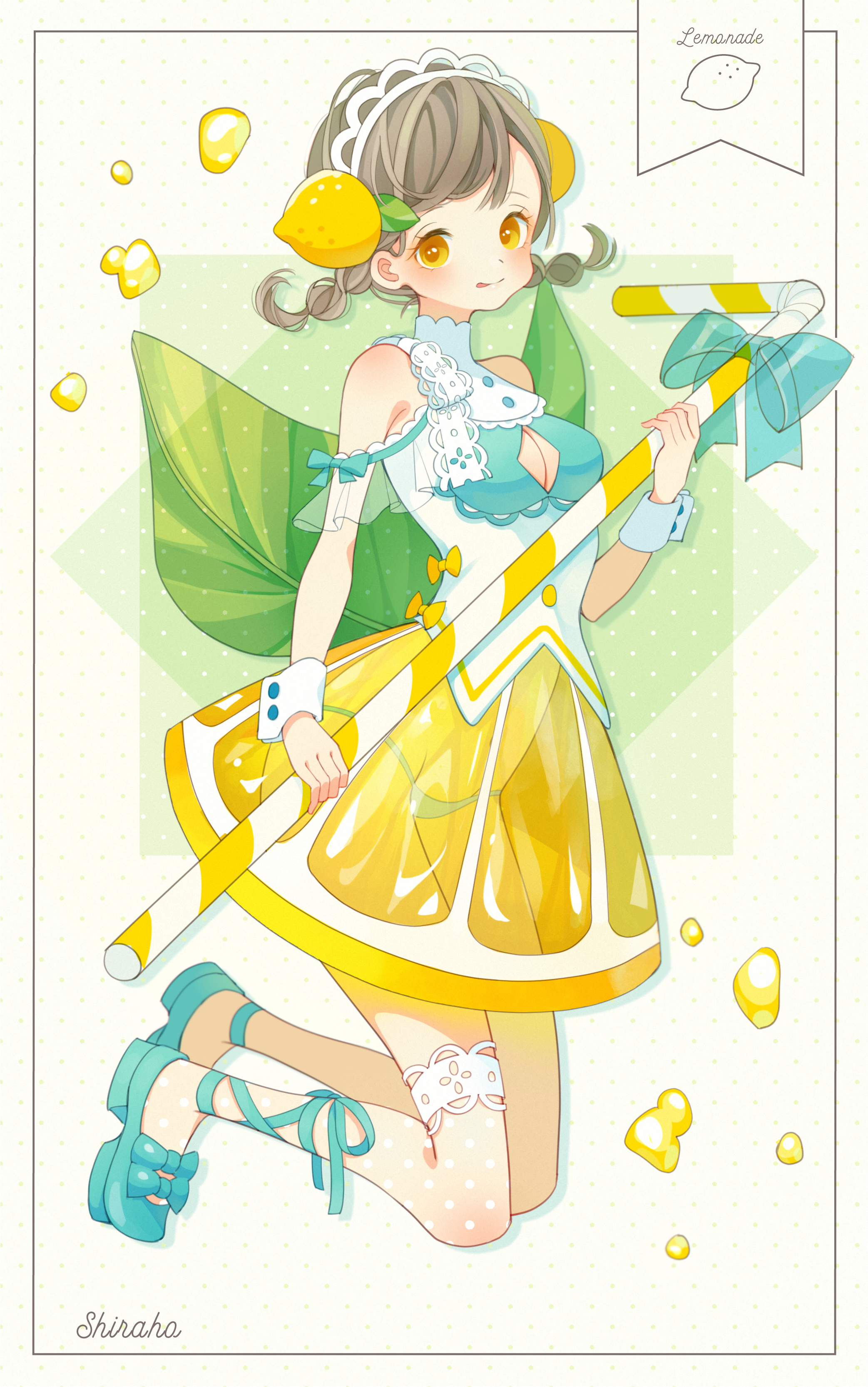 shiraho (color-56), original, absurdres, commentary request, highres, revision, 1girl, :p, ankle lace-up, artist name, blue bow, blue panties, blue shoes, blush, bow, braid, cleavage cutout, clothing cutout, dress, drinking straw, food, food-themed clothes, food-themed hair ornament, food print, frilled thigh strap, fruit, fruit print, grey hair, hair ornament, holding, holding drinking straw, leaf, lemon, lemon hair ornament, lemon print, lemonade, looking at viewer, maid headdress, panties, see-through clothes, shoes, shoulder cutout, solo, thigh strap, tongue, tongue out, twin braids, underwear, water drop, wrist cuffs, yellow eyes