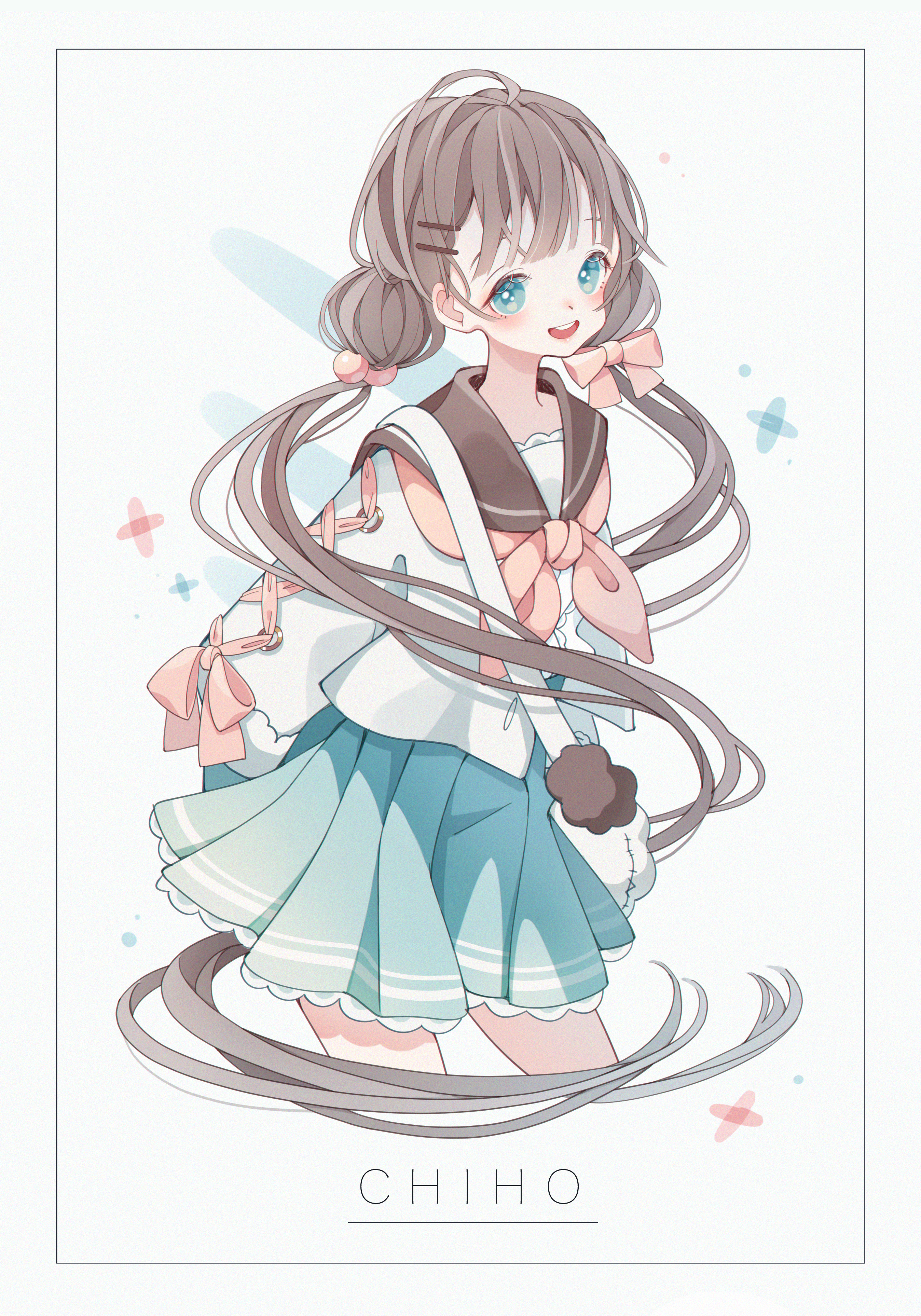 shiraho (color-56), original, absurdres, commentary, highres, 1girl, :d, blue eyes, blue skirt, blush, bow, brown hair, character name, chiho-chan (shiraho), cropped legs, cross-laced clothes, cross-laced sleeves, frilled skirt, frills, hair bobbles, hair bow, hair ornament, hairclip, inset border, long hair, long sleeves, looking at viewer, neckerchief, open mouth, parallel hairclips, pink bow, pink neckerchief, pleated skirt, school uniform, serafuku, shirt, simple background, skirt, sleeve bow, smile, solo, twintails, white background, white shirt