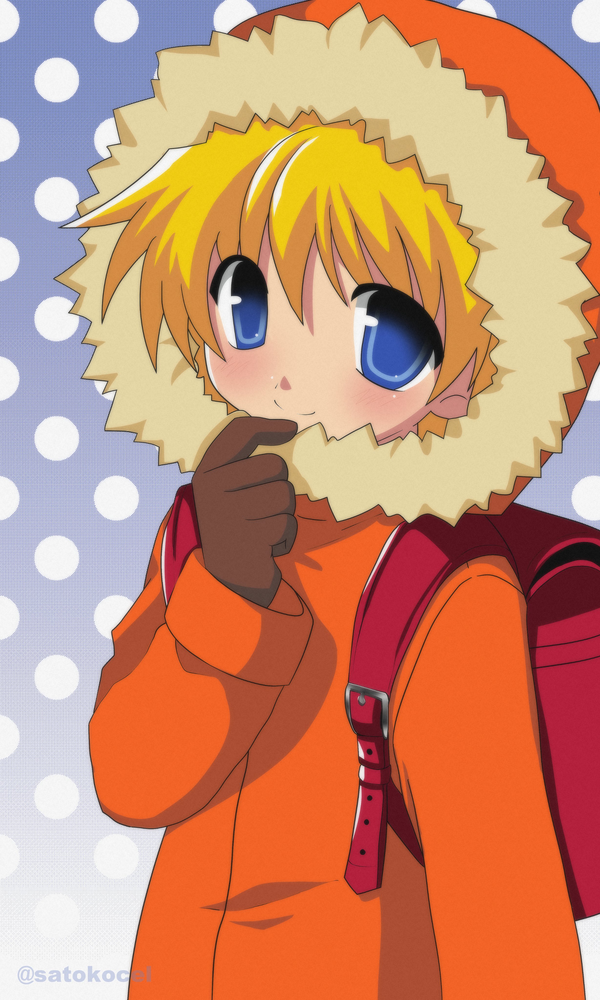 satokocel, kenny mccormick, south park, absurdres, commentary, highres, 1boy, animification, backpack, bag, blonde hair, blue eyes, blush, fur-trimmed hood, fur trim, gloves, hand up, hood, hood up, jacket, long sleeves, looking at viewer, male focus, parka, polka dot, polka dot background, randoseru, smile, solo