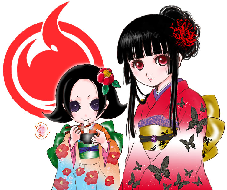 enma ai, kikuri, jigoku shoujo, 00s, black hair, japanese clothes, kimono, purple eyes, red eyes
