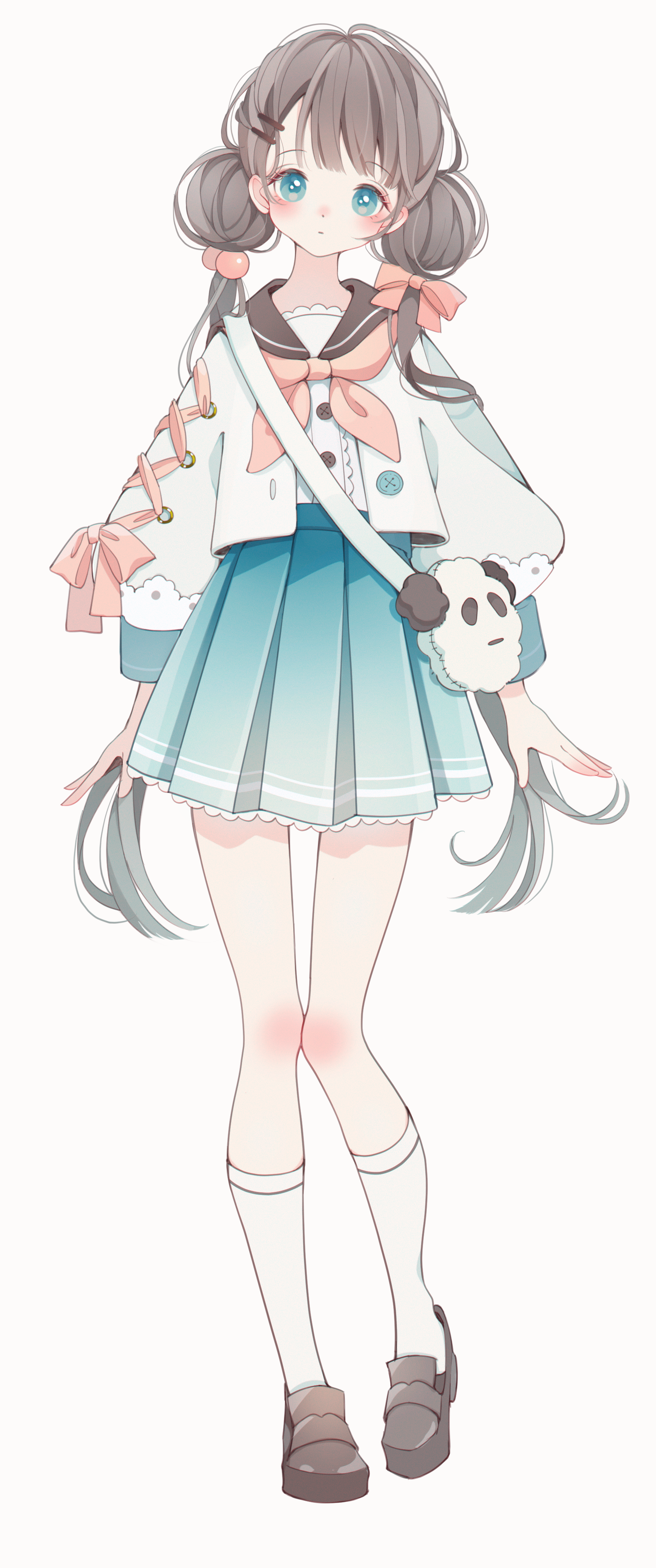 shiraho (color-56), original, absurdres, commentary, highres, 1girl, bag, blue eyes, blue skirt, blush, bow, brown hair, brown sailor collar, brown shoes, chiho-chan (shiraho), closed mouth, full body, hair bow, hair ornament, hairclip, loafers, long hair, long sleeves, looking at viewer, neckerchief, parallel hairclips, pink bow, pink neckerchief, pleated skirt, sailor collar, school uniform, serafuku, shirt, shoes, simple background, skirt, sleeve bow, socks, solo, standing, twintails, white background, white shirt, white socks