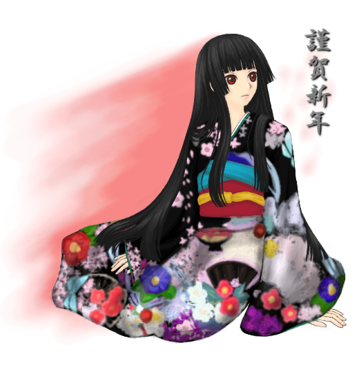 enma ai, jigoku shoujo, 00s, black hair, japanese clothes, kimono, red eyes