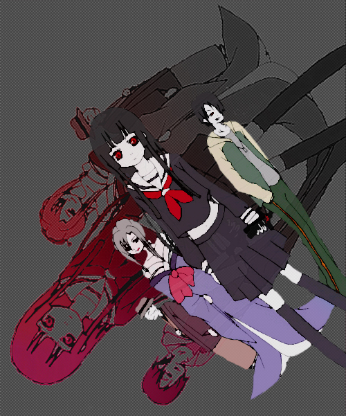 enma ai, hone onna, ichimoku ren, jigoku shoujo, 00s, black hair, japanese clothes, kimono, red eyes, school uniform, serafuku