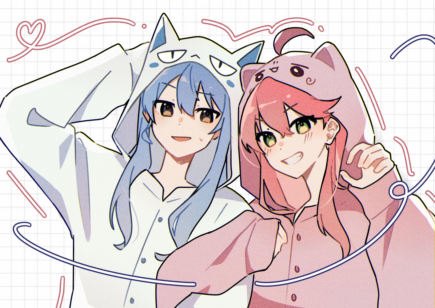 kiel adair, hoshimachi suisei, maguchi (sakura miko), sakura miko, takoyaki (hoshimachi suisei), hololive, commentary, english commentary, 2girls, ahoge, animal ears, arm up, blue hair, buttons, dot nose, fake animal ears, green eyes, grid background, heart, hood, hood up, locked arms, looking at viewer, multiple girls, onesie, open mouth, pink hair, smile, teeth, upper body