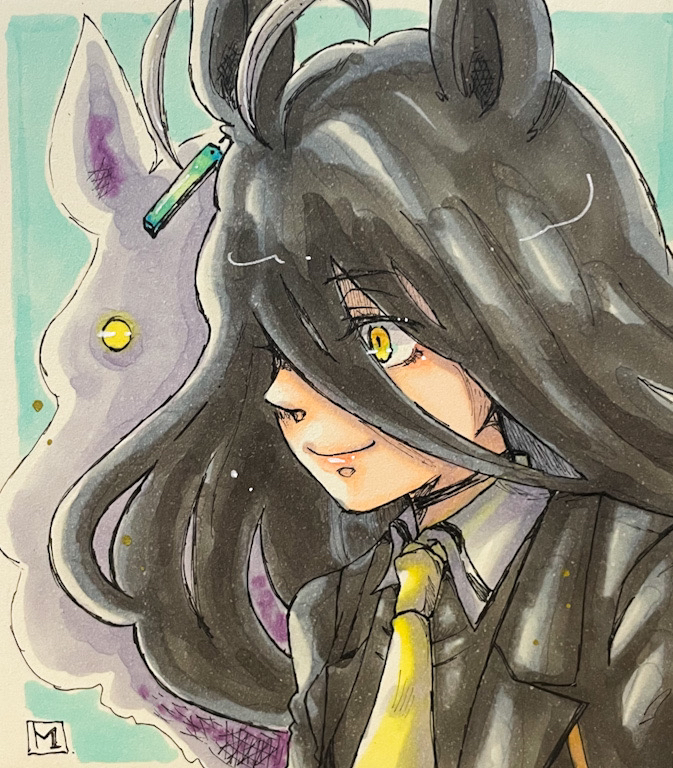 manhattan cafe (umamusume), umamusume, 1girl, ahoge, black choker, black coat, black shirt, choker, closed mouth, coat, collared shirt, contrast collar, ear ornament, ear tag, earrings, grey hair, hair between eyes, jewelry, long hair between eyes, machil39, multicolored hair, necktie, shirt, single earring, smile, solo, yellow eyes, yellow necktie
