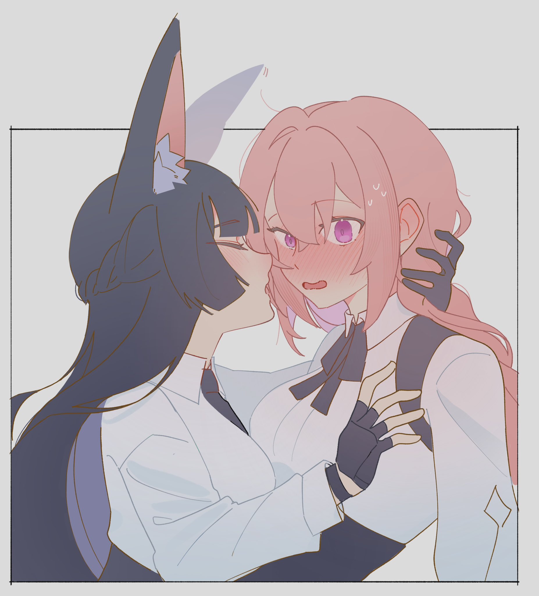 hoshimi miyabi, tsukishiro yanagi, zenless zone zero, highres, 2girls, animal ear fluff, animal ears, black gloves, black hair, blunt bangs, blush, closed eyes, dress shirt, fox ears, fox girl, gloves, hair between eyes, imminent kiss, multiple girls, no eyewear, open mouth, pink eyes, pink hair, shirt, sidelocks, ueweue, upper body, white shirt, yuri