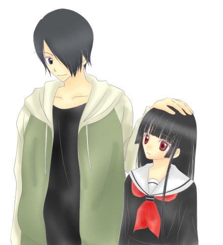 enma ai, ichimoku ren, jigoku shoujo, lowres, 00s, black hair, red eyes, school uniform, serafuku