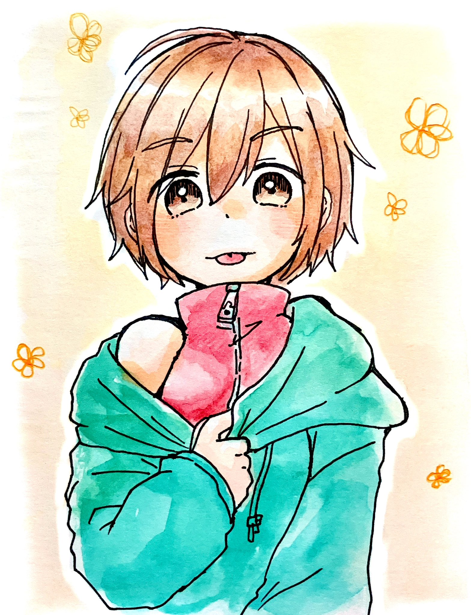 sakuma (ykrm), meiko (vocaloid), vocaloid, commentary, highres, 1girl, brown eyes, brown hair, high collar, hood, hood down, hoodie, long sleeves, looking at viewer, off shoulder, shirt, short hair, sleeveless, sleeveless shirt, smile, solo, tongue, tongue out