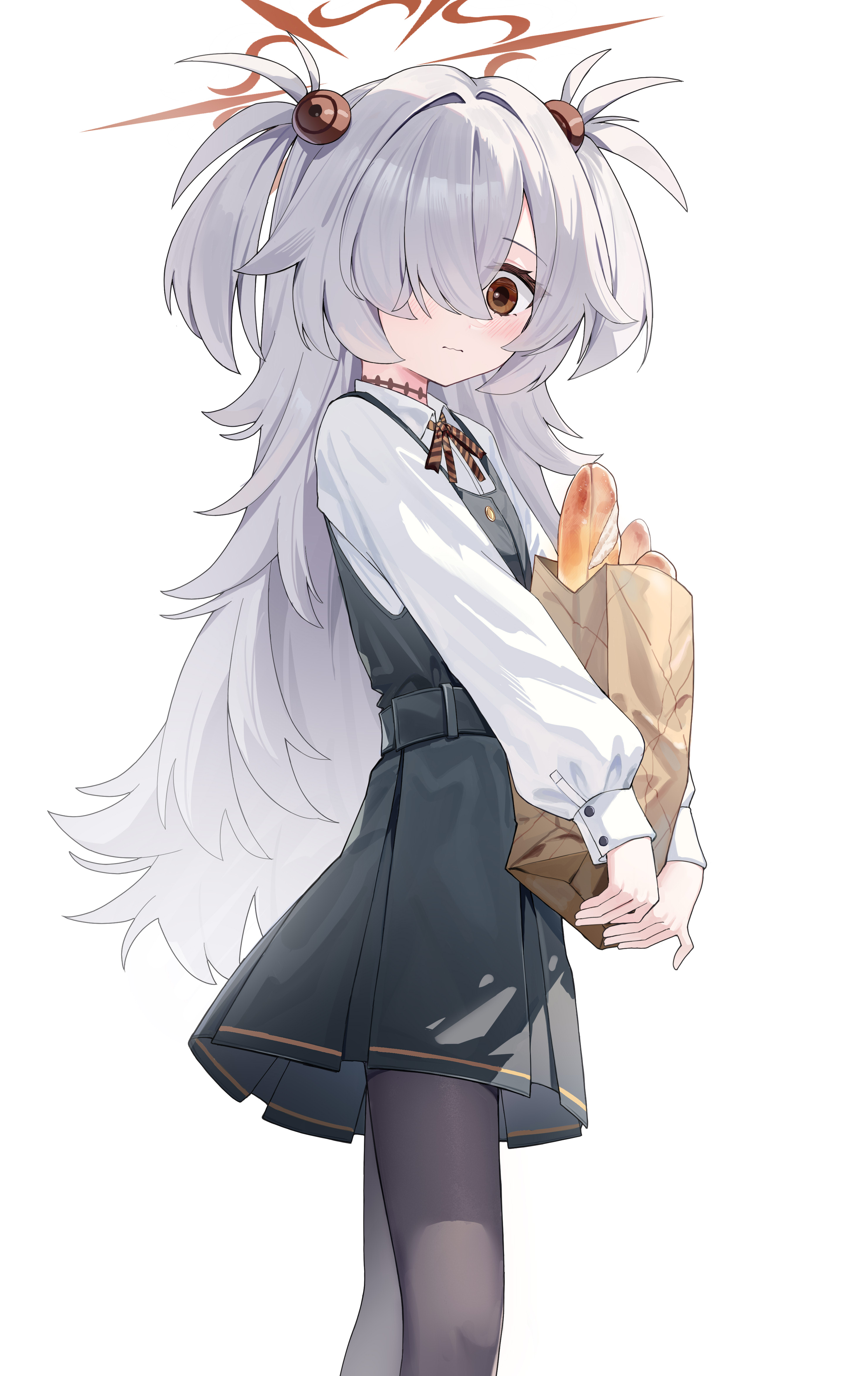 luo shu, kanoe (blue archive), blue archive, absurdres, highres, 1girl, bag, baguette, black dress, black pantyhose, bread, collared shirt, dress, food, hair bobbles, hair ornament, hair over one eye, halo, holding, holding bag, long hair, neck ribbon, orange eyes, orange halo, orange ribbon, pantyhose, paper bag, ribbon, scar, scar on neck, shirt, simple background, solo, two side up, white background, white hair, white shirt