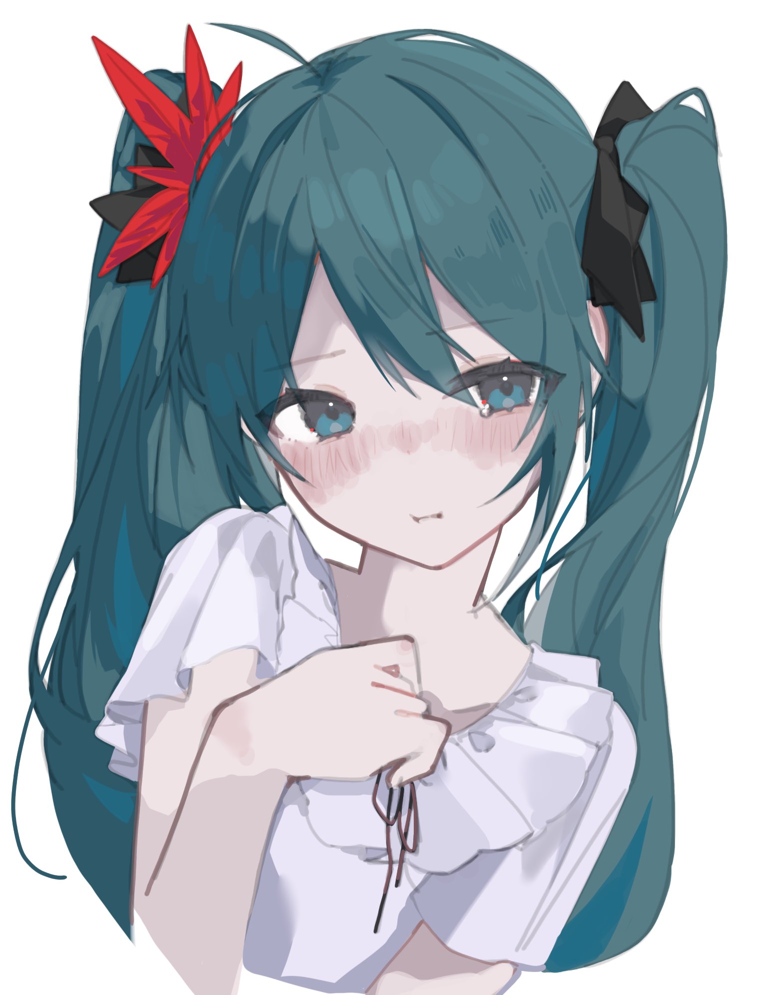 koutya cat, hatsune miku, hatsune miku (supreme), project diva (series), world is mine (vocaloid), commentary request, highres, 1girl, :t, blue eyes, blue hair, blush, bow, cropped torso, frilled shirt collar, frills, hair bow, hand on own chest, long hair, looking to the side, nose blush, short sleeves, solo, tearing up, twintails