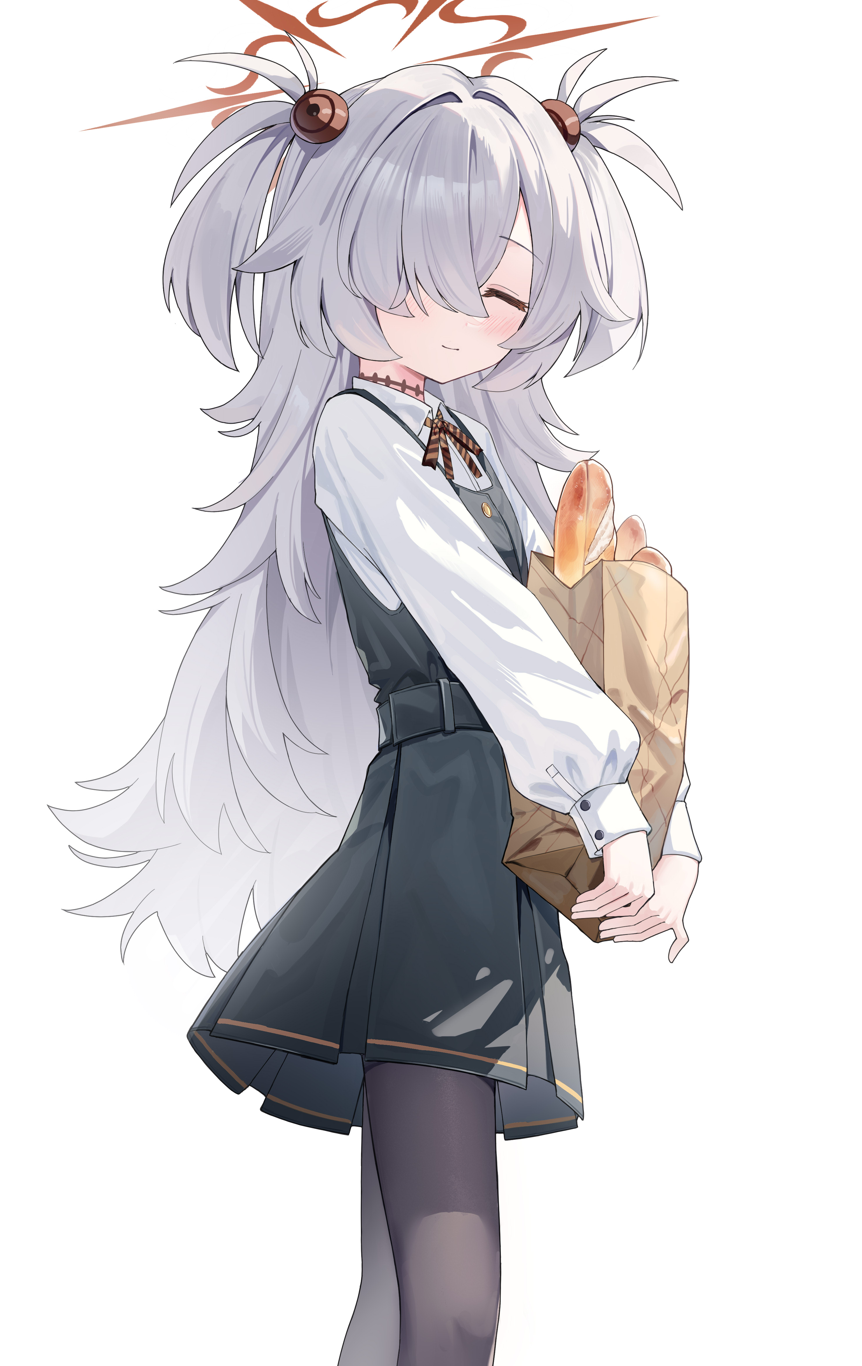 luo shu, kanoe (blue archive), blue archive, absurdres, highres, 1girl, bag, baguette, black dress, black pantyhose, bread, closed eyes, collared shirt, dress, food, hair bobbles, hair ornament, hair over one eye, halo, holding, holding bag, long hair, neck ribbon, orange halo, orange ribbon, pantyhose, paper bag, ribbon, scar, scar on neck, shirt, simple background, smile, solo, two side up, white background, white hair, white shirt