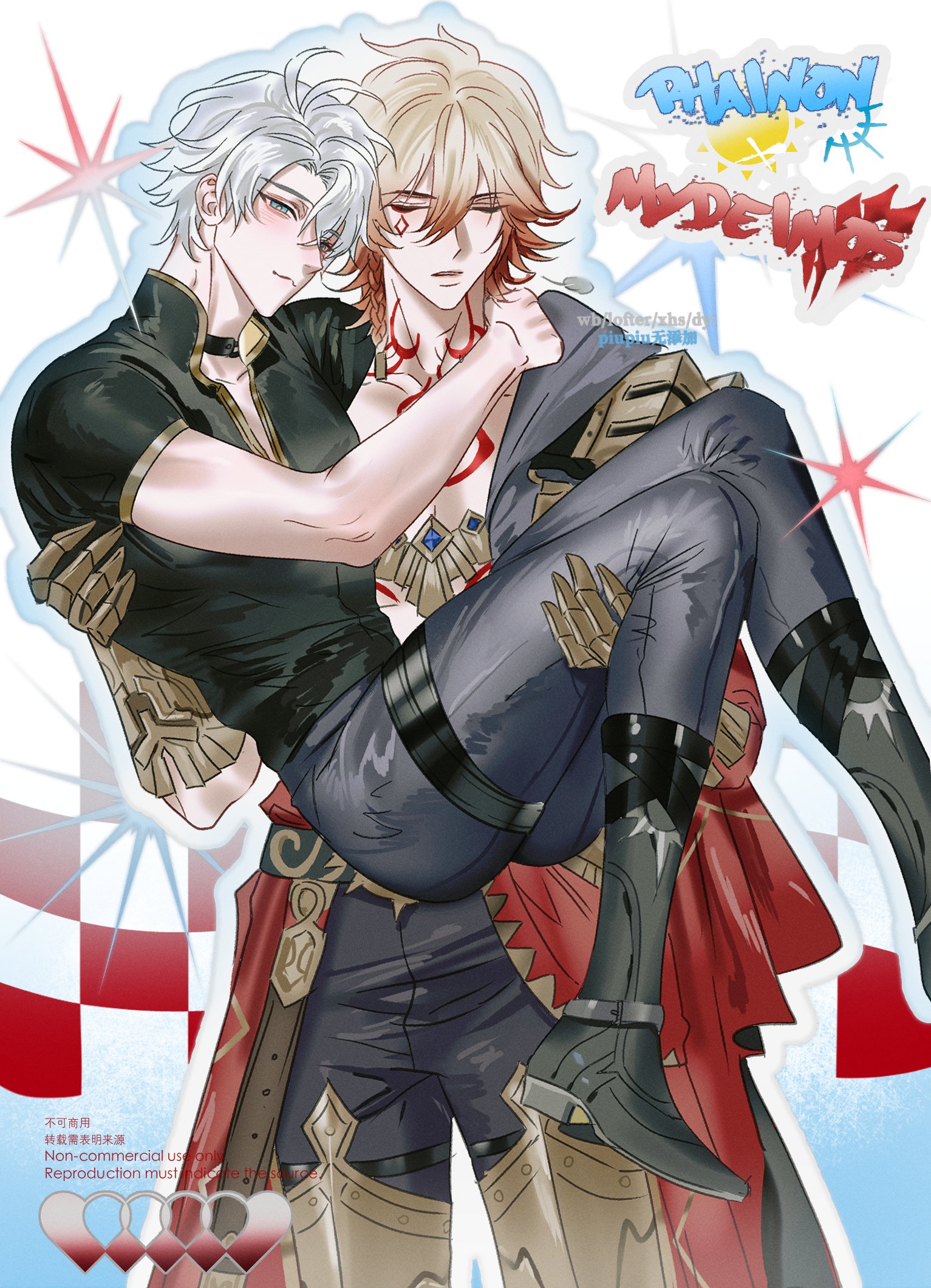 xiixiix31075929, phainon (fashion) (honkai: star rail), phainon (honkai: star rail), honkai: star rail, honkai (series), highres, 2boys, black pants, black shirt, blue eyes, carrying, carrying person, character name, closed eyes, closed mouth, grey hair, half-closed eyes, male focus, medium hair, multiple boys, official alternate costume, orange hair, pants, parted lips, princess carry, shirt, short hair, smile, yaoi