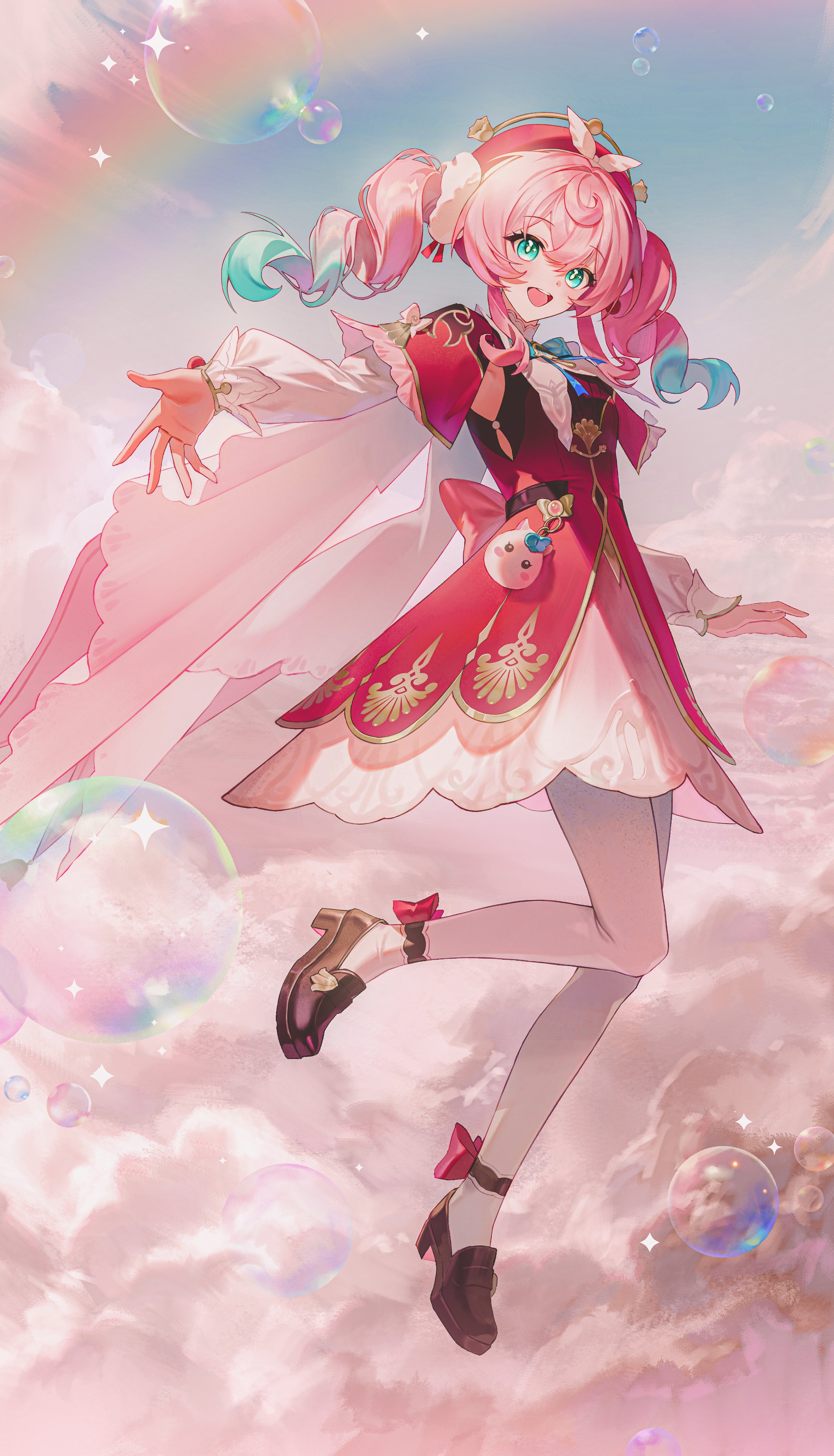 hsr kkgru, hyacine (honkai: star rail), honkai: star rail, honkai (series), absurdres, highres, 1girl, aqua eyes, aqua hair, beret, black shoes, dress, full body, hat, looking at viewer, multicolored hair, open mouth, pantyhose, pink hair, rainbow, red dress, red hat, shoes, smile, solo, teeth, twintails, two-tone hair, upper teeth only, white pantyhose, yellow pupils