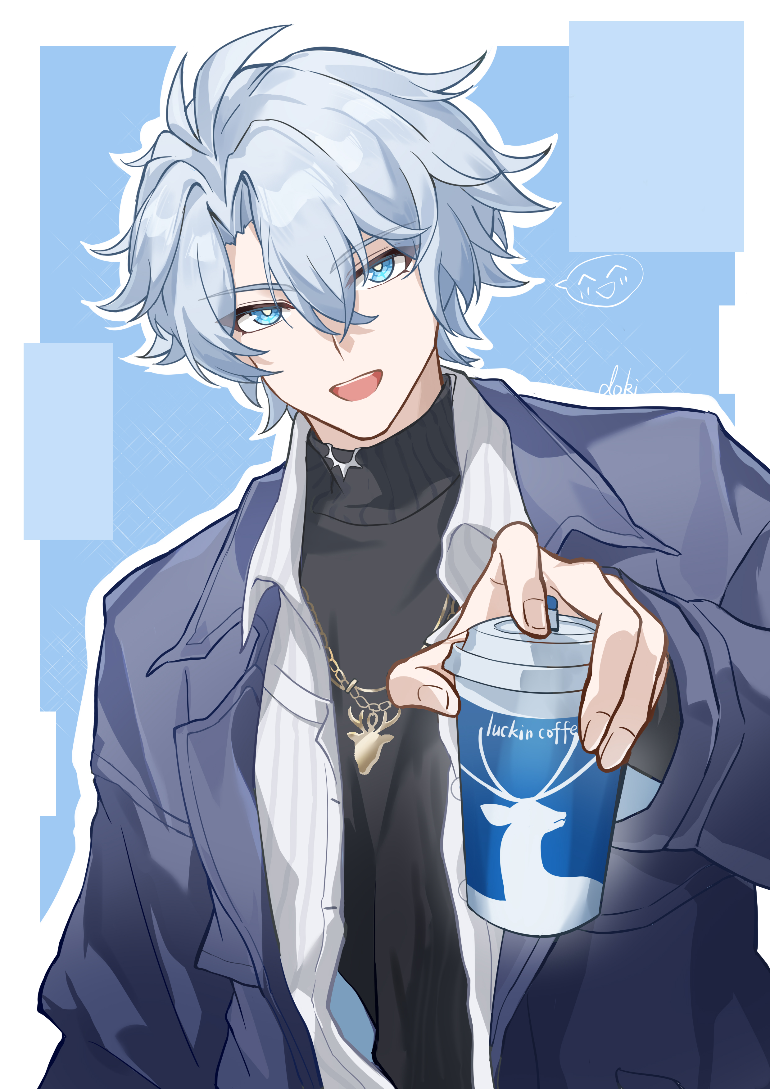 lubeludlk, phainon (honkai: star rail), honkai: star rail, honkai (series), absurdres, highres, 1boy, :d, black shirt, black sweater, blue eyes, blue hair, cup, disposable cup, grey hair, hair between eyes, holding, holding cup, jacket, jewelry, long sleeves, looking at viewer, male focus, necklace, open clothes, open jacket, open mouth, outline, phainon (luckin coffee) (honkai: star rail), shirt, short hair, smile, solo, speech bubble, sweater, teeth, turtleneck, upper body, upper teeth only, yellow pupils