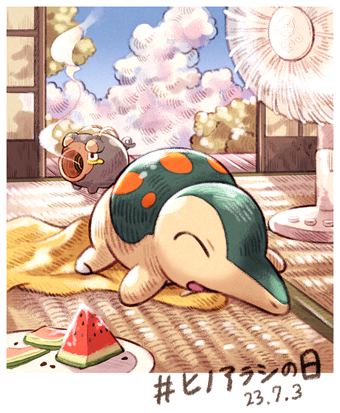 matsuri (matsuike), cyndaquil, lechonk, nintendo, pokemon, translation request, animal focus, blue sky, border, closed eyes, cloud, dated, day, electric fan, food, fruit, full body, gen 2 pokemon, lying, no humans, on stomach, open mouth, plate, pokemon (creature), pokemon focus, sky, sleeping, solo, themed object, watermelon, watermelon slice, white border