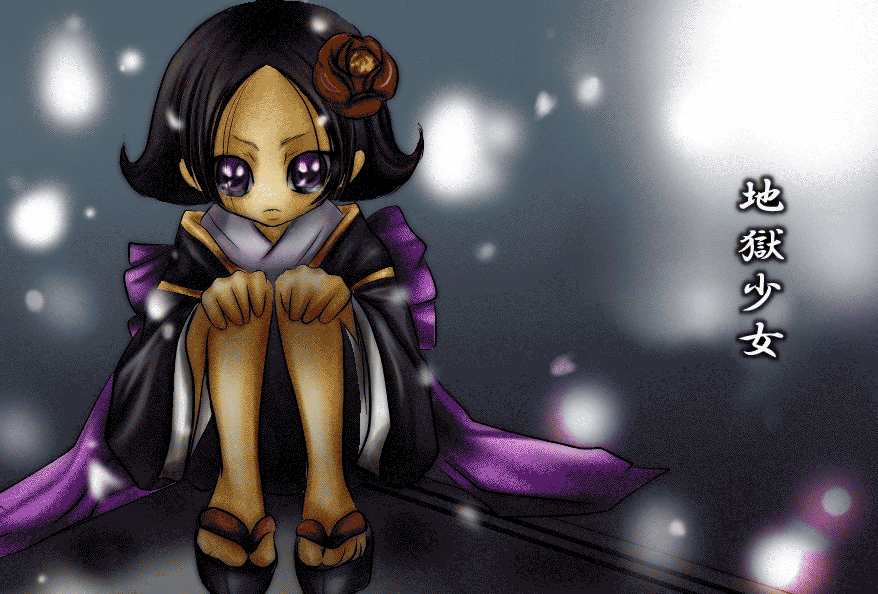 kikuri, jigoku shoujo, 00s, black hair, japanese clothes, kimono, purple eyes