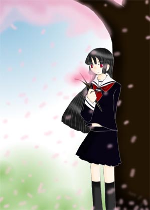 enma ai, jigoku shoujo, lowres, 00s, black hair, red eyes, school uniform, serafuku