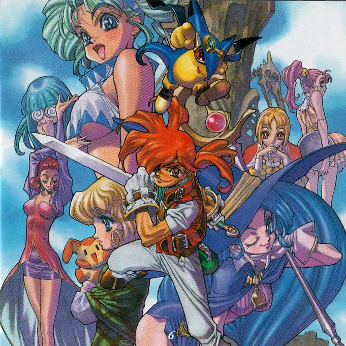 yuuki nobuteru, fur gots, ghose rode, kewne, koh (azure dreams), nico southley, patty pan, selfi rode, other life: azure dreams, bad link, official art, scan, 1990s (style), 1boy, 6+girls, aqua hair, arms up, blonde hair, blue eyes, blue hair, blue sky, blunt bangs, breasts, closed eyes, coke-bottle glasses, crop top, crop top overhang, day, dress, glasses, gloves, green eyes, green hair, hat, high ponytail, holding, holding staff, holding stuffed toy, holding sword, holding tray, holding weapon, jacket, leaning forward, long hair, long sleeves, mia myria, miniskirt, multiple girls, one eye closed, open mouth, orange eyes, pink hair, ponytail, profile, red eyes, red hair, red jacket, retro artstyle, rimless eyewear, round eyewear, short dress, short sleeves, skeleton, skirt, sky, smile, staff, striped clothes, striped dress, stuffed animal, stuffed toy, sword, tray, underboob, weapon, white gloves, witch hat